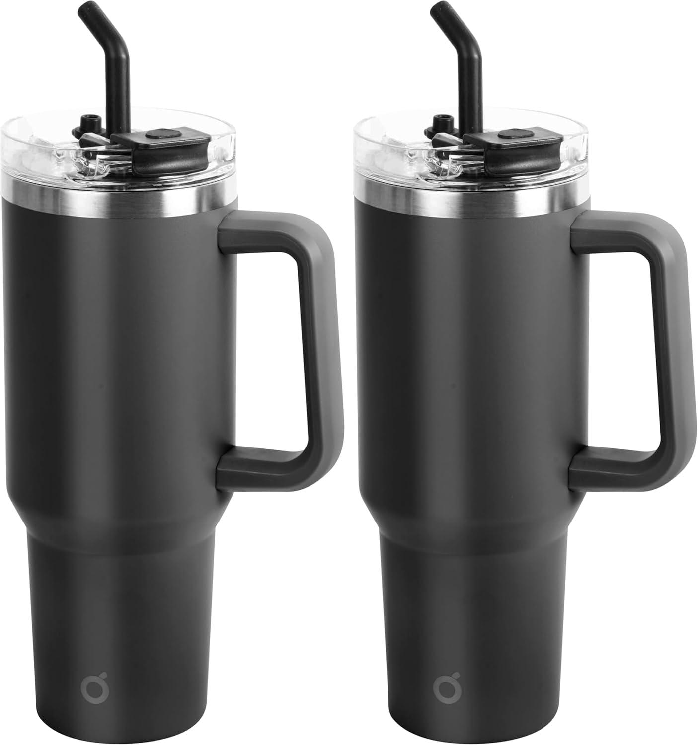 imageOGGI 40 oz Tumbler with Handle Straw ampamp Lid  Big Water Bottle Travel Coffee Mug Stainless Steel Vacuum Insulated Thermal Cup for Hot Cold Beverages Cold for 24Hrs ampamp Hot for 12Hrs  BlueBlack