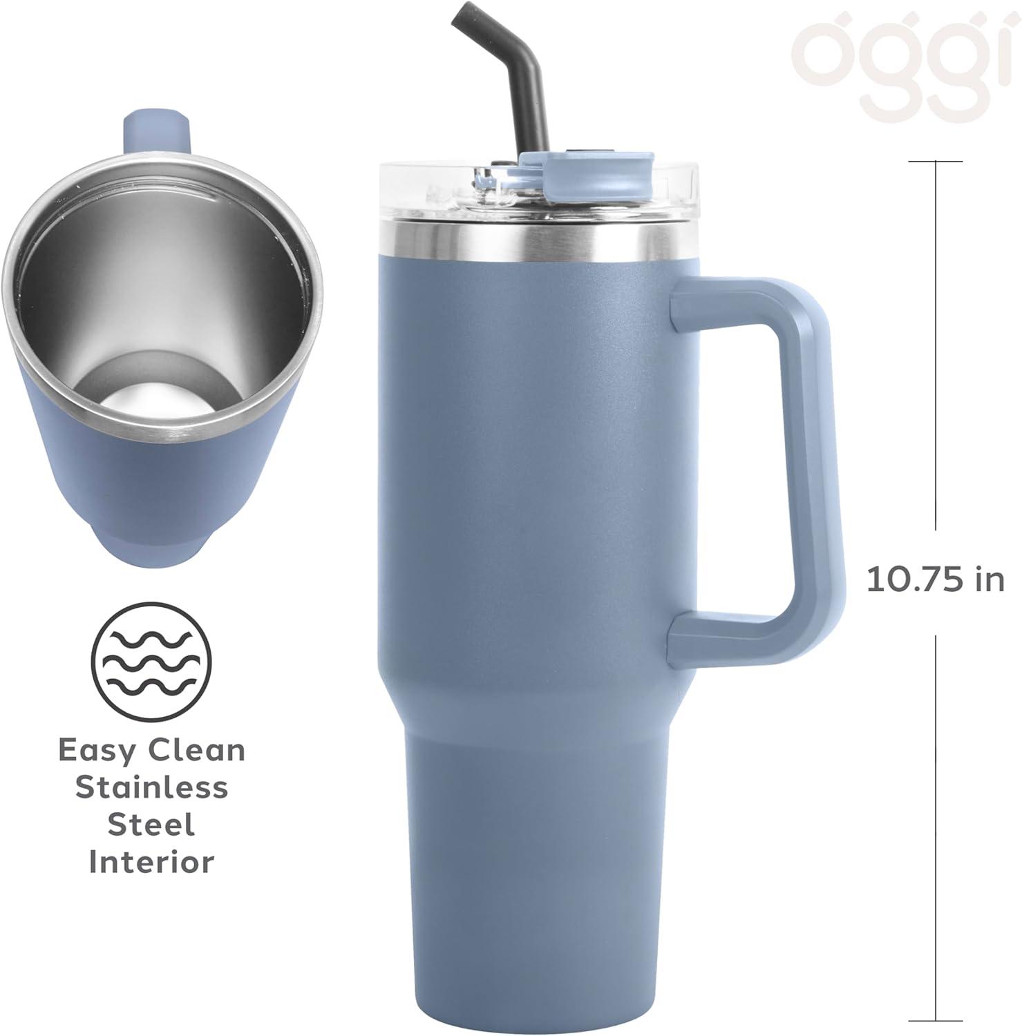 imageOGGI 40 oz Tumbler with Handle Straw ampamp Lid  Big Water Bottle Travel Coffee Mug Stainless Steel Vacuum Insulated Thermal Cup for Hot Cold Beverages Cold for 24Hrs ampamp Hot for 12Hrs  BlueBlue