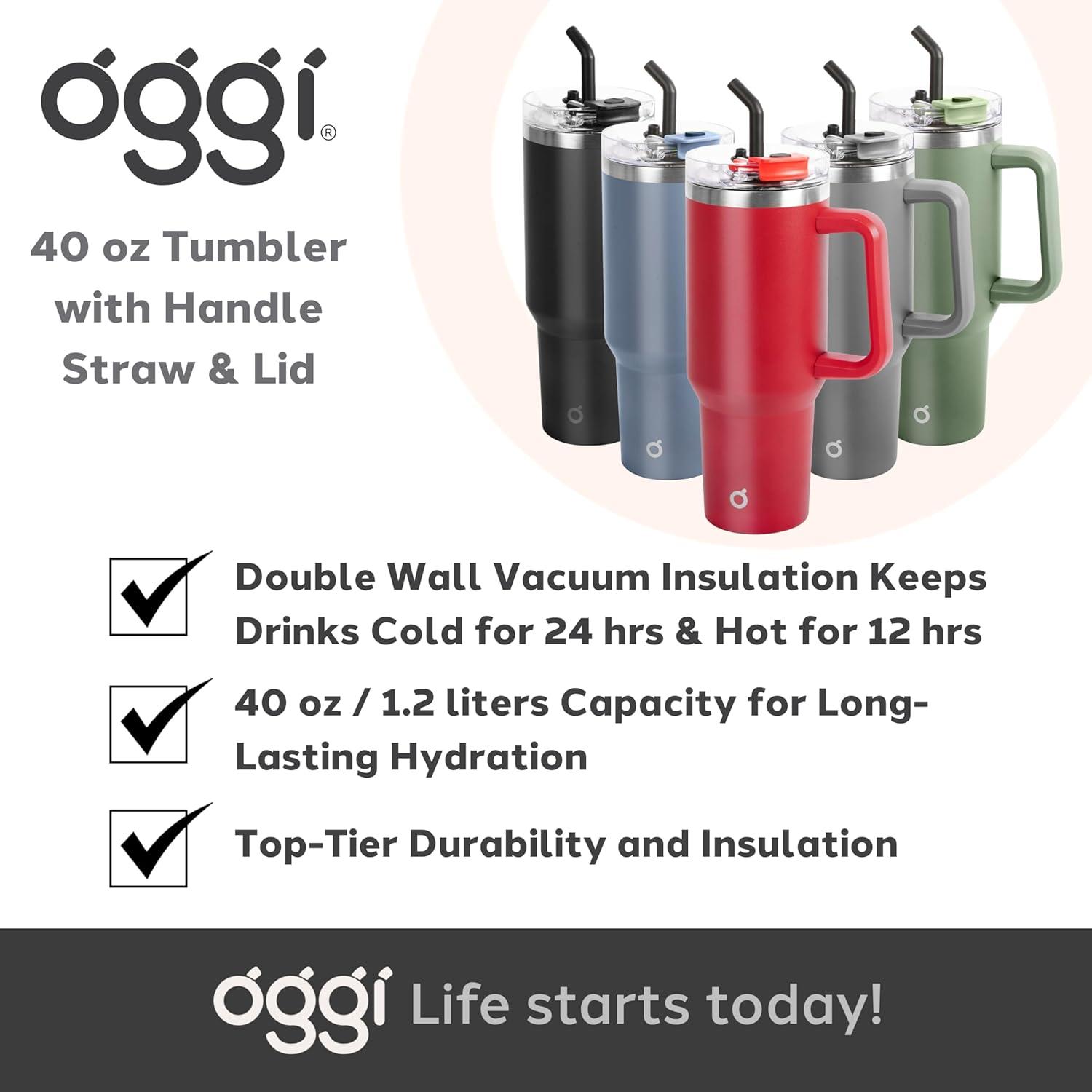 imageOGGI 40 oz Tumbler with Handle Straw ampamp Lid  Big Water Bottle Travel Coffee Mug Stainless Steel Vacuum Insulated Thermal Cup for Hot Cold Beverages Cold for 24Hrs ampamp Hot for 12Hrs  BlueBlack