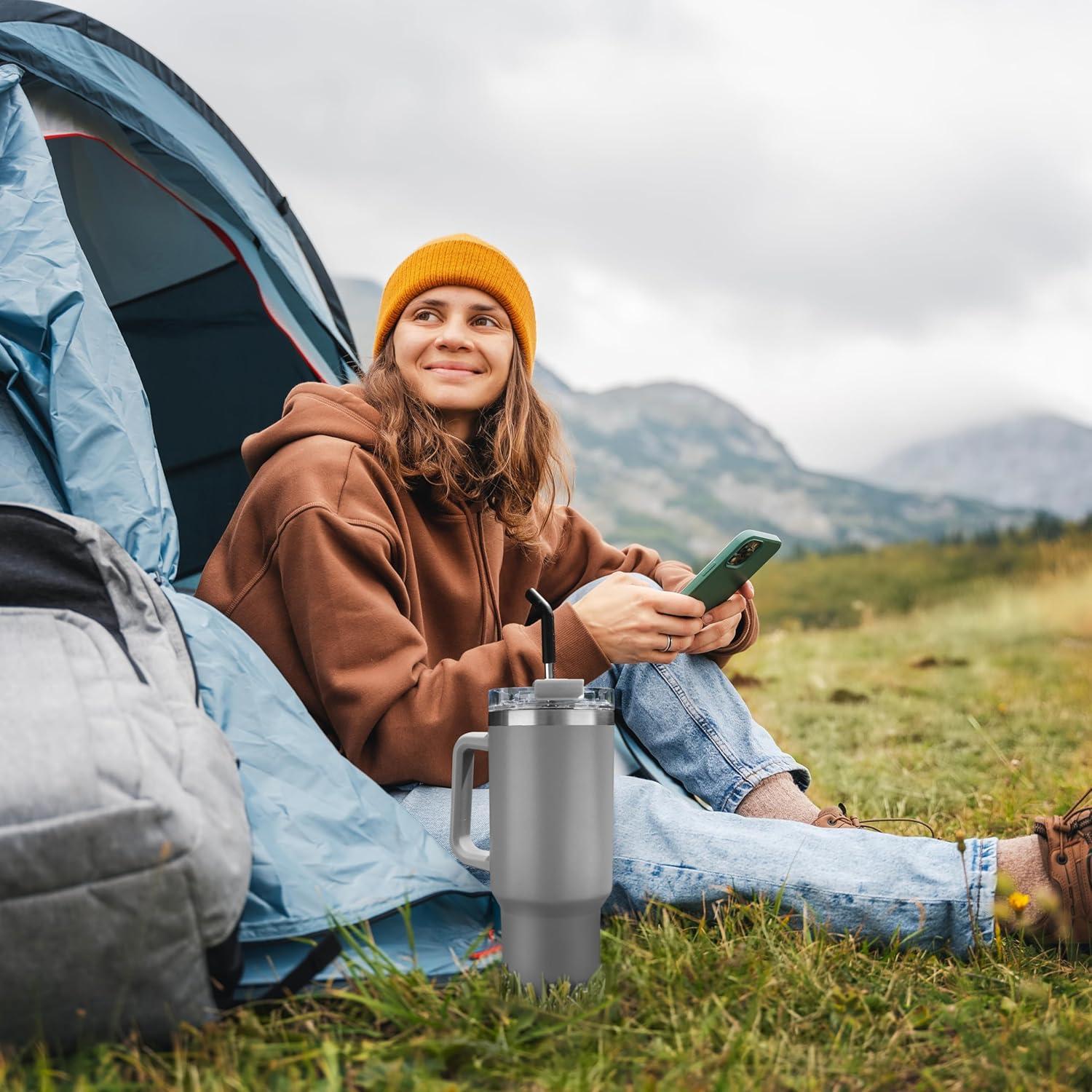 imageOGGI 40 oz Tumbler with Handle Straw ampamp Lid  Big Water Bottle Travel Coffee Mug Stainless Steel Vacuum Insulated Thermal Cup for Hot Cold Beverages Cold for 24Hrs ampamp Hot for 12Hrs  BlueGray