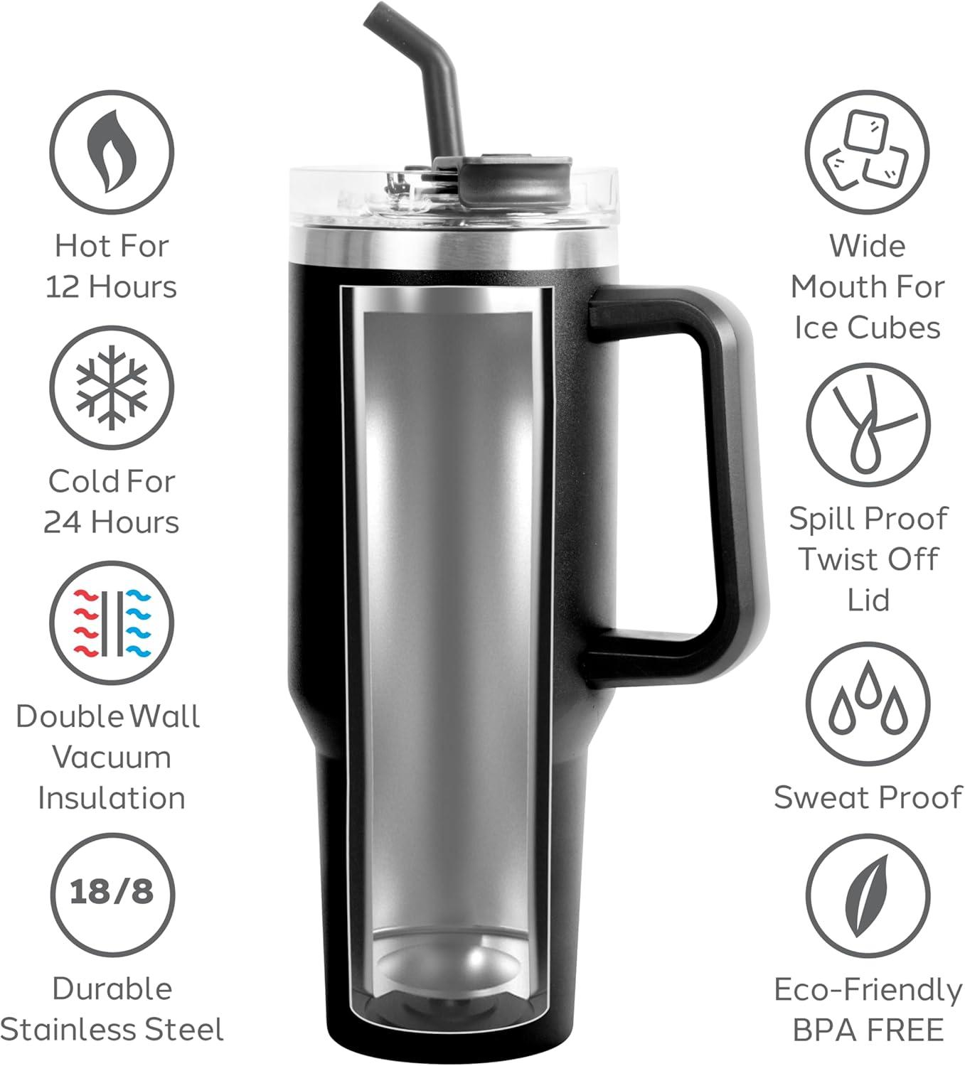 imageOGGI 40 oz Tumbler with Handle Straw ampamp Lid  Big Water Bottle Travel Coffee Mug Stainless Steel Vacuum Insulated Thermal Cup for Hot Cold Beverages Cold for 24Hrs ampamp Hot for 12Hrs  BlueBlack