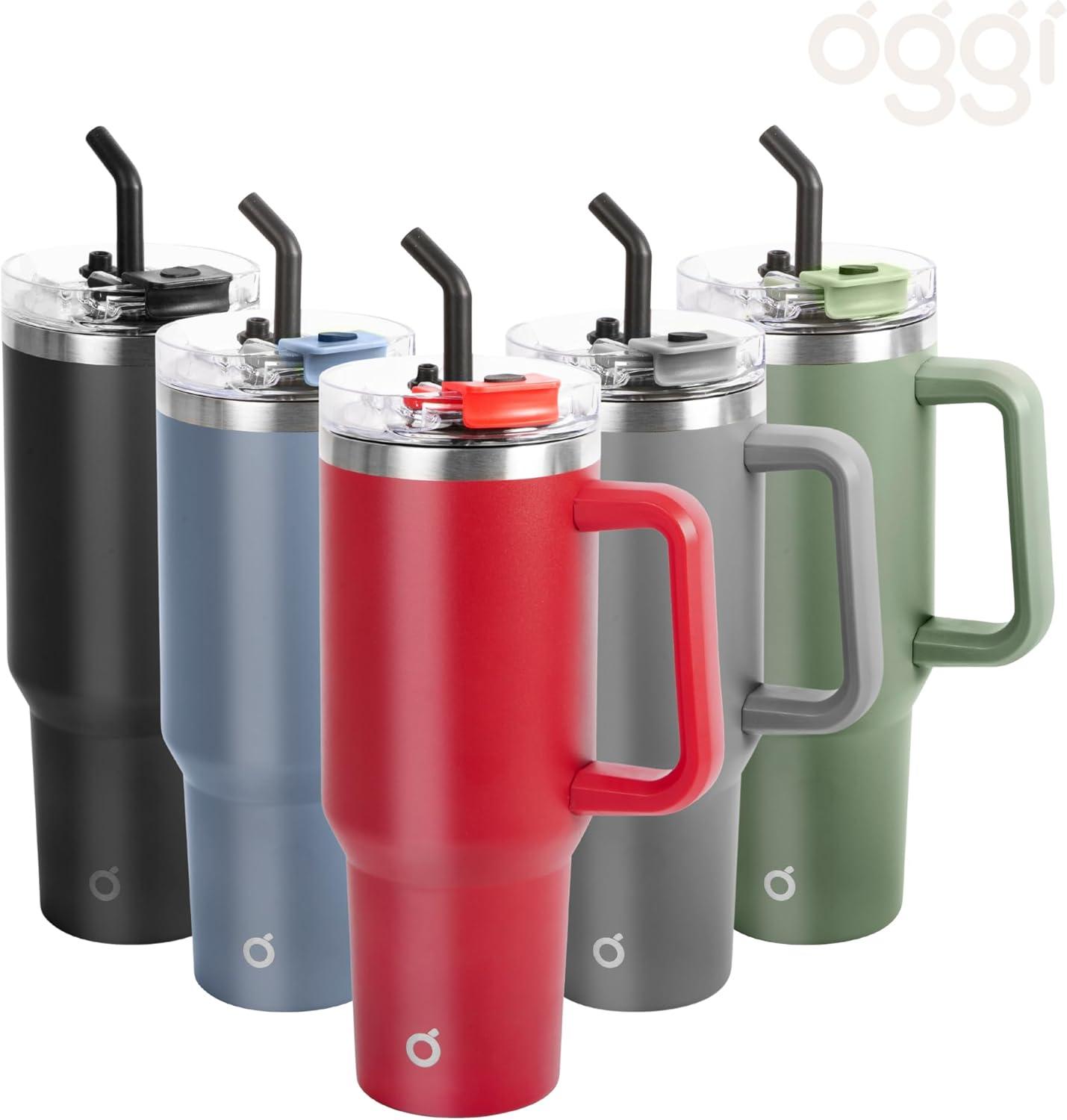 imageOGGI 40 oz Tumbler with Handle Straw ampamp Lid  Big Water Bottle Travel Coffee Mug Stainless Steel Vacuum Insulated Thermal Cup for Hot Cold Beverages Cold for 24Hrs ampamp Hot for 12Hrs  BlueBlue