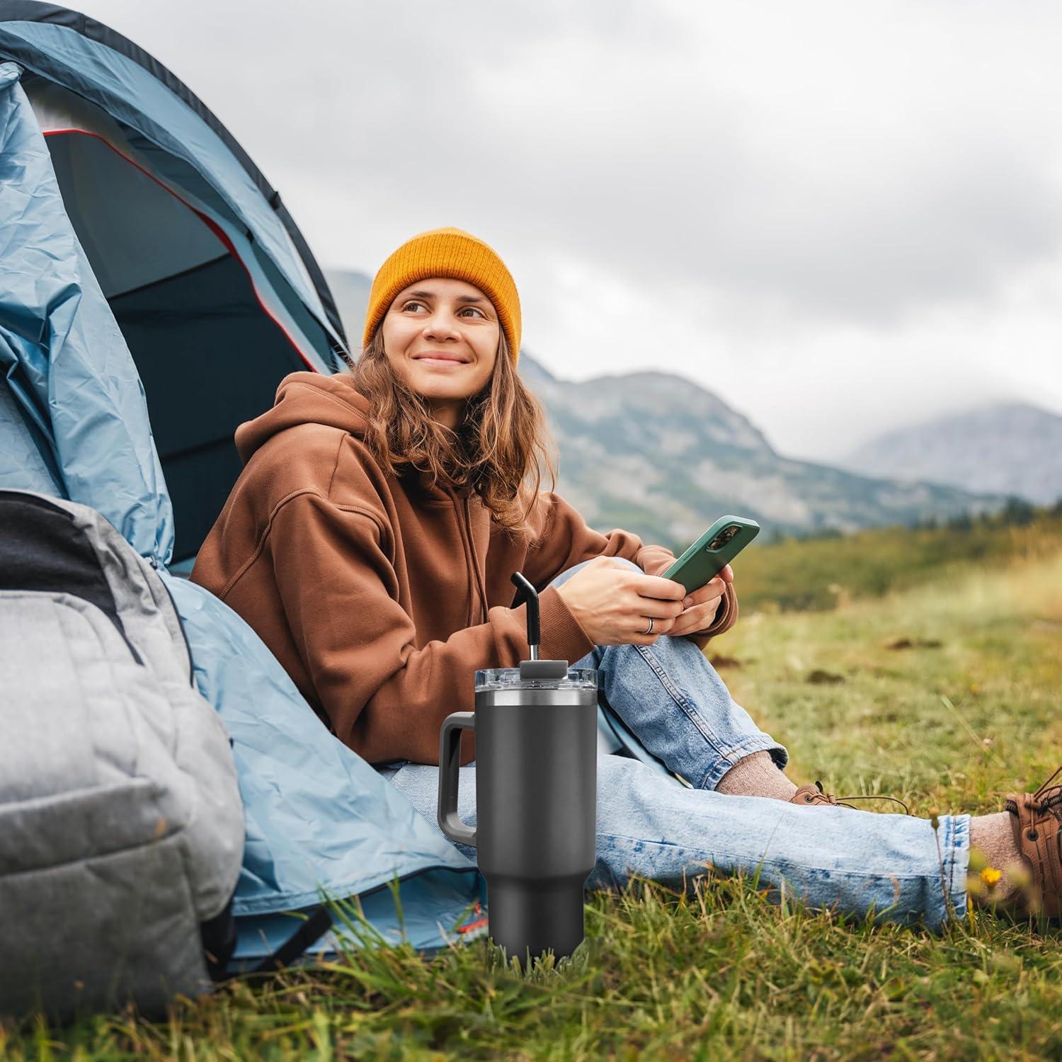 imageOGGI 40 oz Tumbler with Handle Straw ampamp Lid  Big Water Bottle Travel Coffee Mug Stainless Steel Vacuum Insulated Thermal Cup for Hot Cold Beverages Cold for 24Hrs ampamp Hot for 12Hrs  BlueBlack