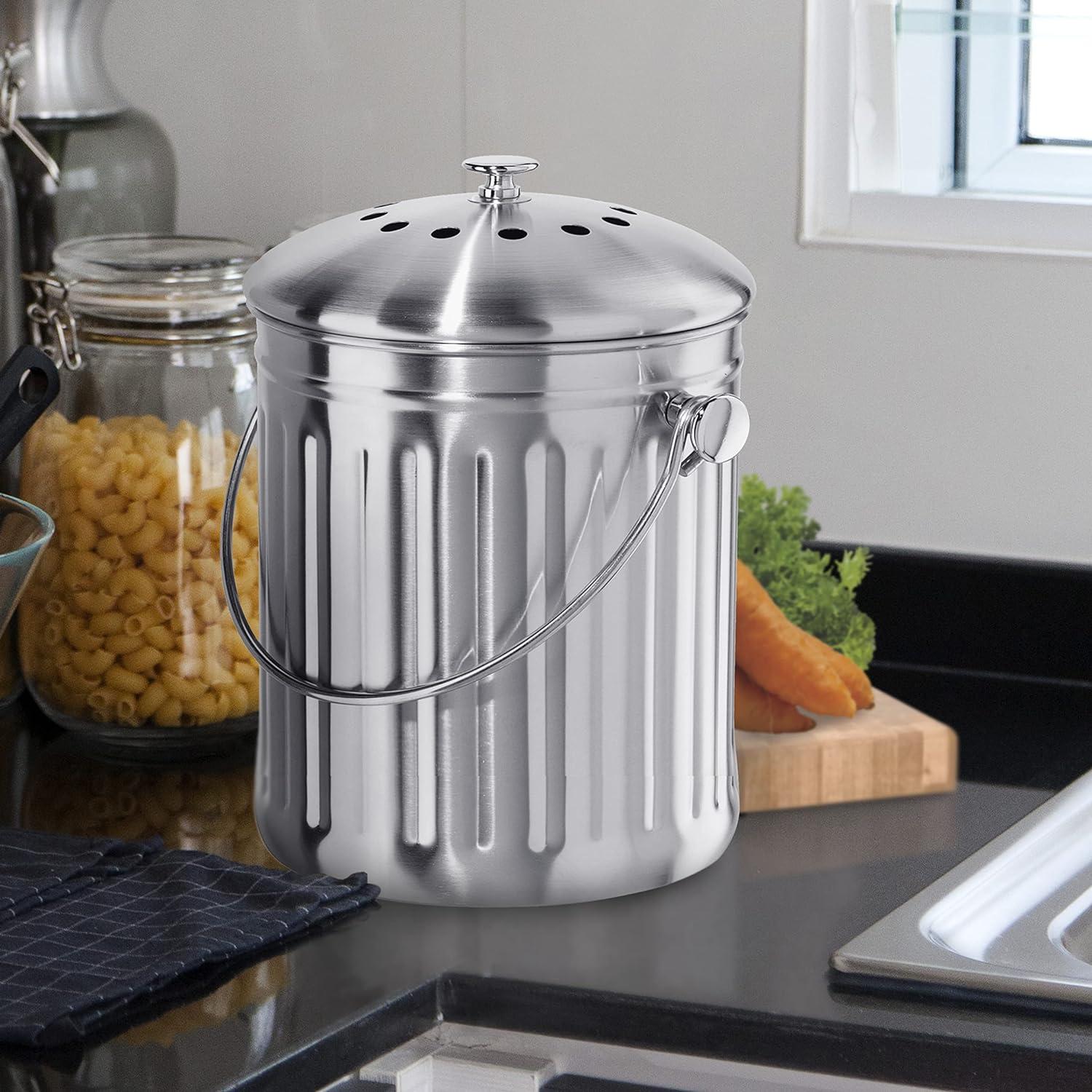 imageOGGI Countertop Compost Bin with Lid1 Gallon Indoor Compost Bin wCharcoal Filter Stainless Steel Compost Container Ideal Kitchen Compost Pail Eco Friendly ProductsFood Waste Bin
