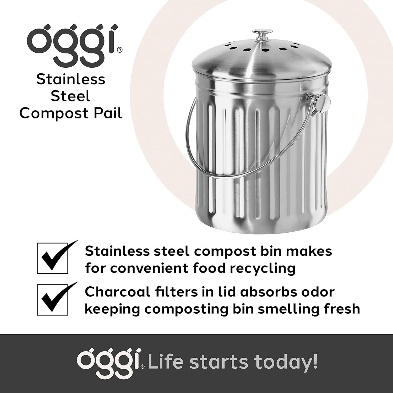 imageOGGI Countertop Compost Bin with Lid1 Gallon Indoor Compost Bin wCharcoal Filter Stainless Steel Compost Container Ideal Kitchen Compost Pail Eco Friendly ProductsFood Waste Bin