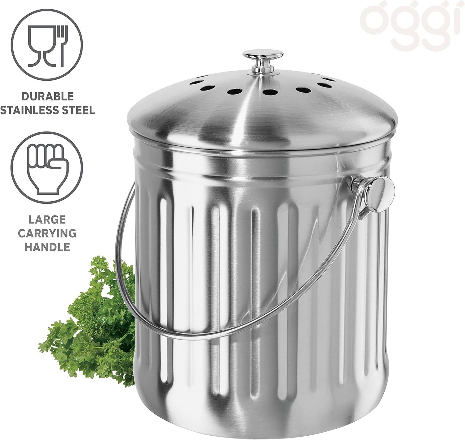 imageOGGI Countertop Compost Bin with Lid1 Gallon Indoor Compost Bin wCharcoal Filter Stainless Steel Compost Container Ideal Kitchen Compost Pail Eco Friendly ProductsFood Waste Bin