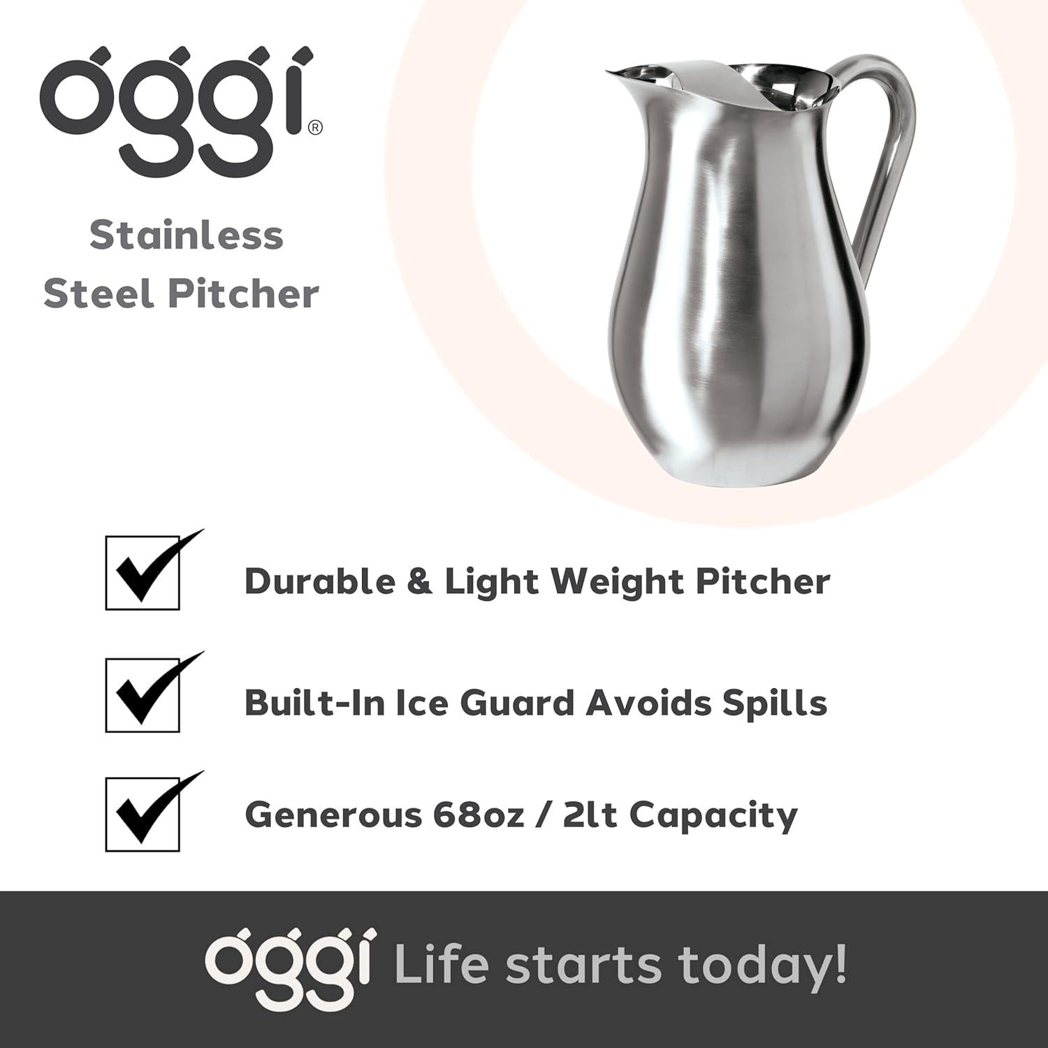 imageOGGI Slimline Stainless Steel Pitcher Stainless Steel Water wIce Guard Water Carafe Great Metal Container for Entertaining Ideal 68oz  2 Lt Drink PitcherStainless Steel