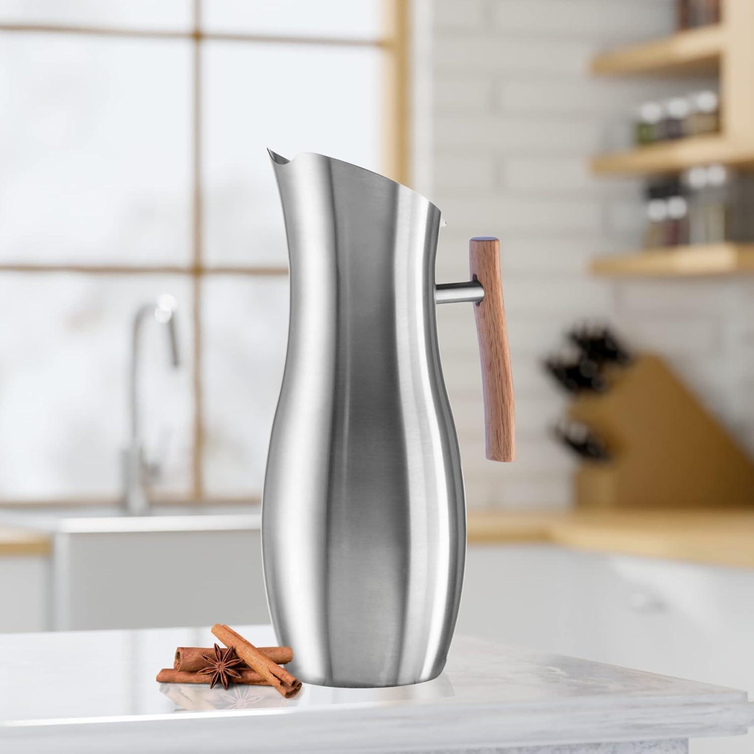 imageOGGI Slimline Stainless Steel Pitcher Stainless Steel Water wIce Guard Water Carafe Great Metal Container for Entertaining Ideal 68oz  2 Lt Drink PitcherStainless Steel w Wood Handle