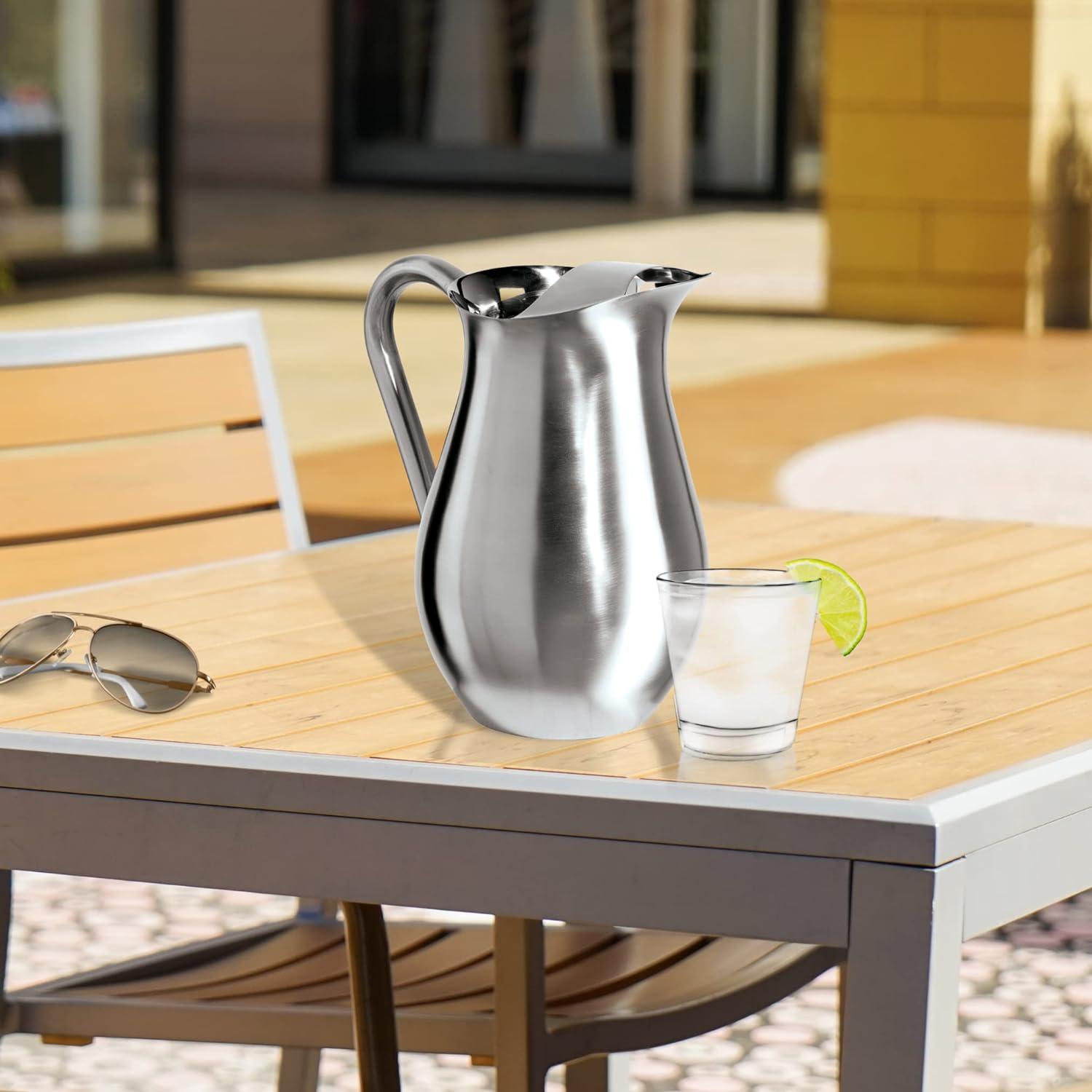 imageOGGI Slimline Stainless Steel Pitcher Stainless Steel Water wIce Guard Water Carafe Great Metal Container for Entertaining Ideal 68oz  2 Lt Drink PitcherStainless Steel