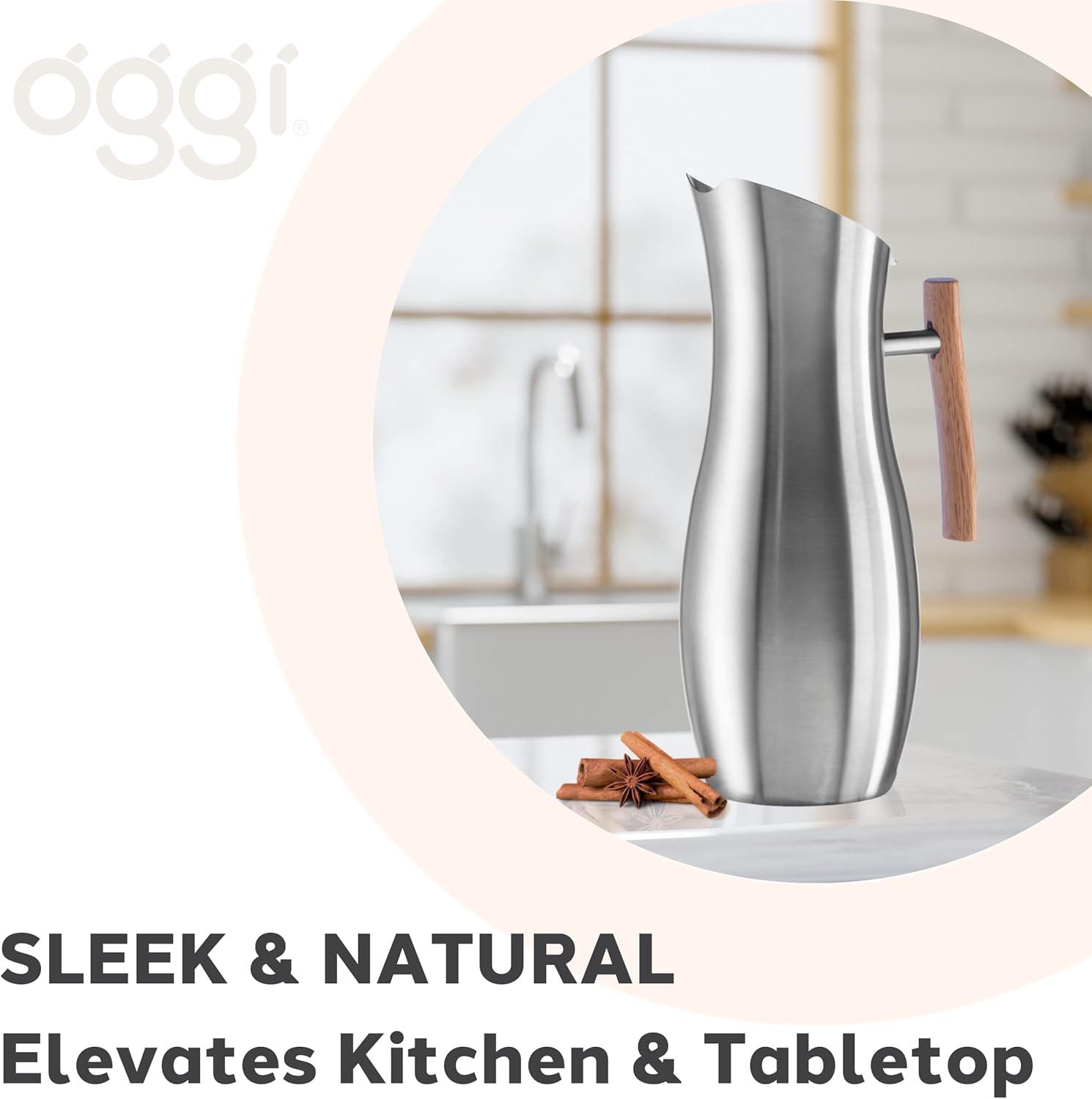 imageOGGI Slimline Stainless Steel Pitcher Stainless Steel Water wIce Guard Water Carafe Great Metal Container for Entertaining Ideal 68oz  2 Lt Drink PitcherStainless Steel w Wood Handle