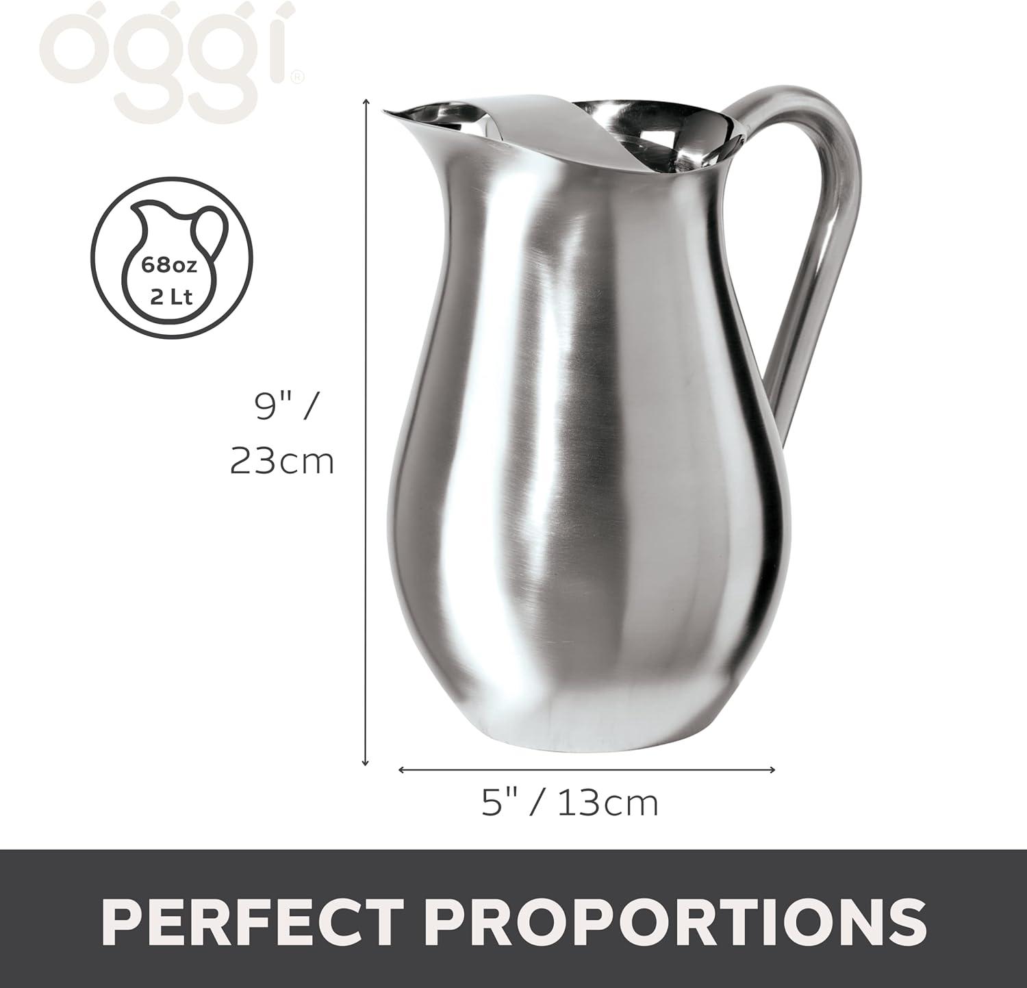 imageOGGI Slimline Stainless Steel Pitcher Stainless Steel Water wIce Guard Water Carafe Great Metal Container for Entertaining Ideal 68oz  2 Lt Drink PitcherStainless Steel