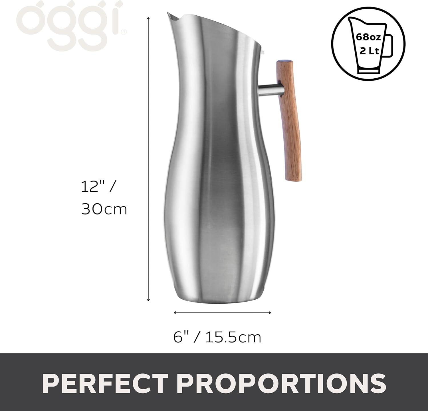 imageOGGI Slimline Stainless Steel Pitcher Stainless Steel Water wIce Guard Water Carafe Great Metal Container for Entertaining Ideal 68oz  2 Lt Drink PitcherStainless Steel w Wood Handle