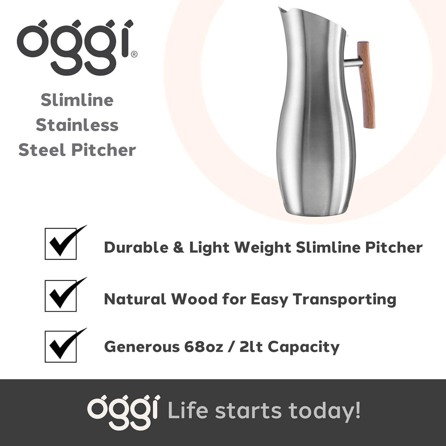 imageOGGI Slimline Stainless Steel Pitcher Stainless Steel Water wIce Guard Water Carafe Great Metal Container for Entertaining Ideal 68oz  2 Lt Drink PitcherStainless Steel w Wood Handle