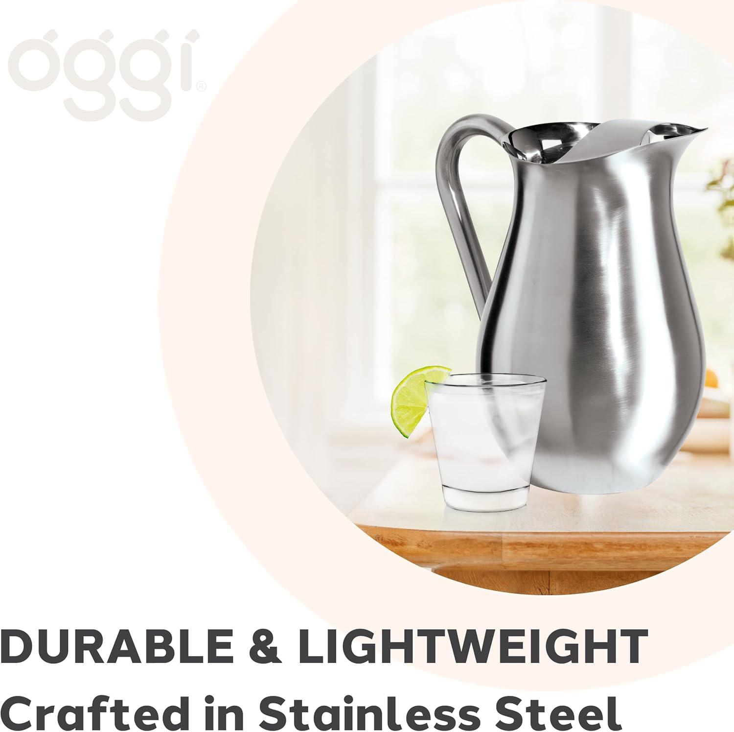 imageOGGI Slimline Stainless Steel Pitcher Stainless Steel Water wIce Guard Water Carafe Great Metal Container for Entertaining Ideal 68oz  2 Lt Drink PitcherStainless Steel