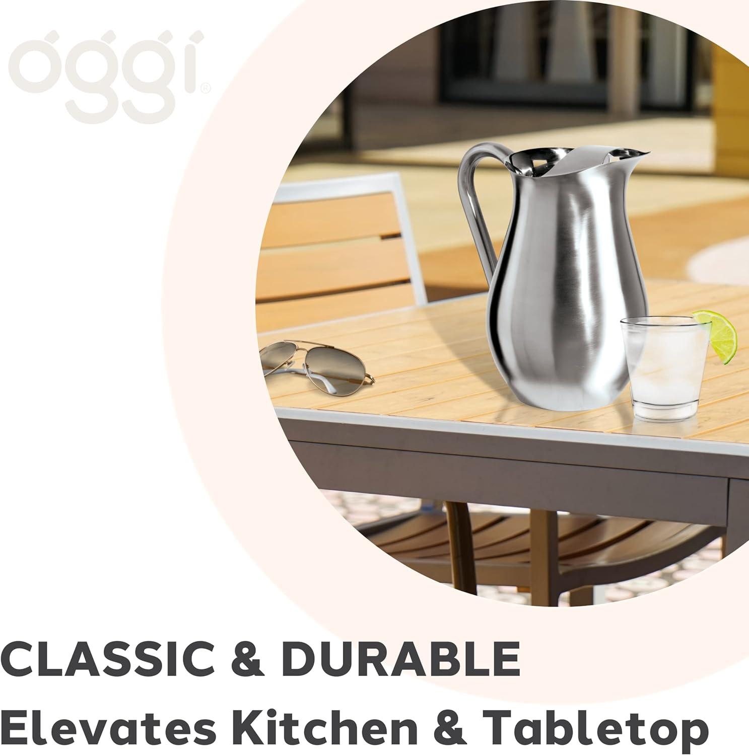 imageOGGI Slimline Stainless Steel Pitcher Stainless Steel Water wIce Guard Water Carafe Great Metal Container for Entertaining Ideal 68oz  2 Lt Drink PitcherStainless Steel