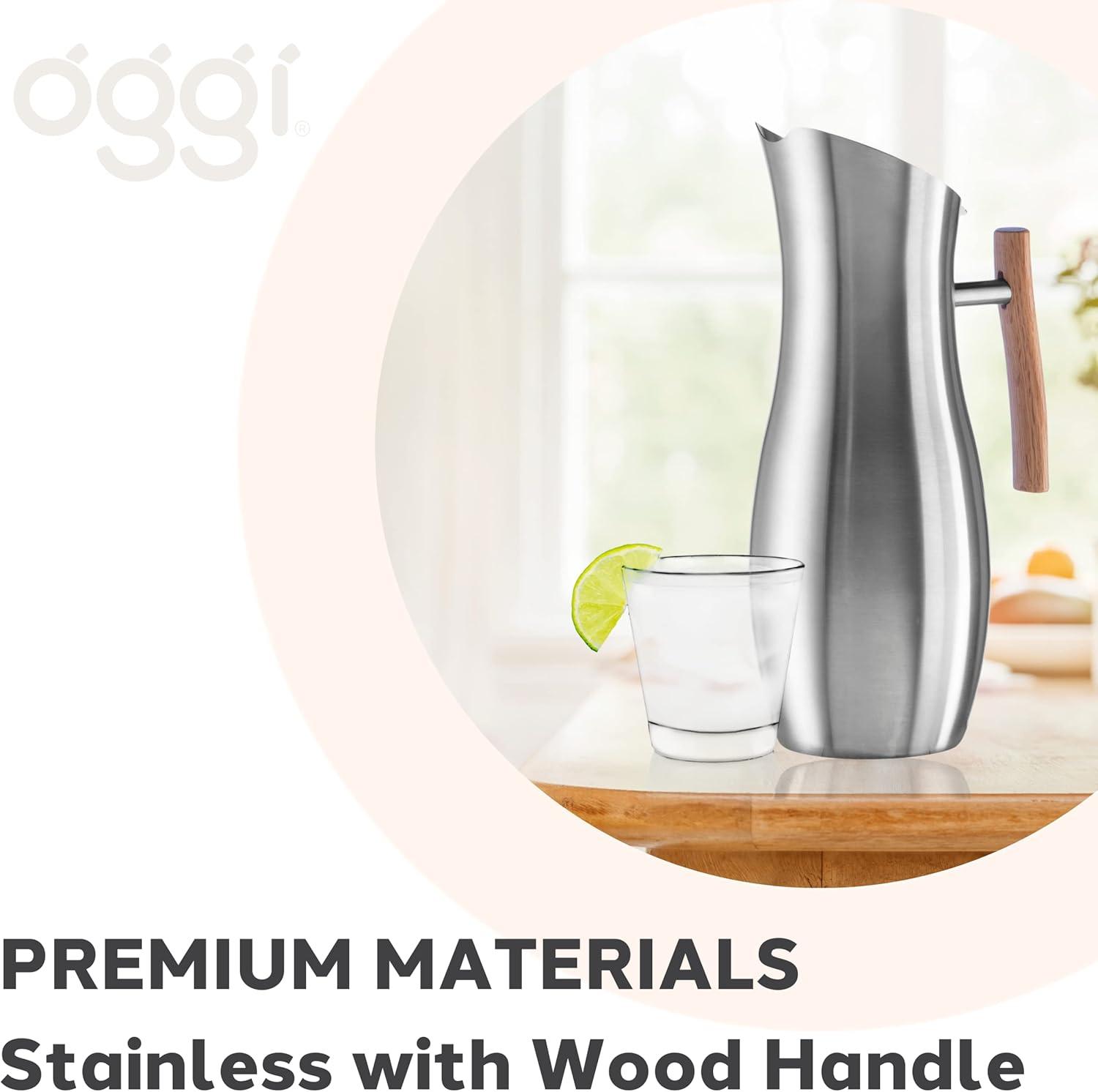 imageOGGI Slimline Stainless Steel Pitcher Stainless Steel Water wIce Guard Water Carafe Great Metal Container for Entertaining Ideal 68oz  2 Lt Drink PitcherStainless Steel w Wood Handle