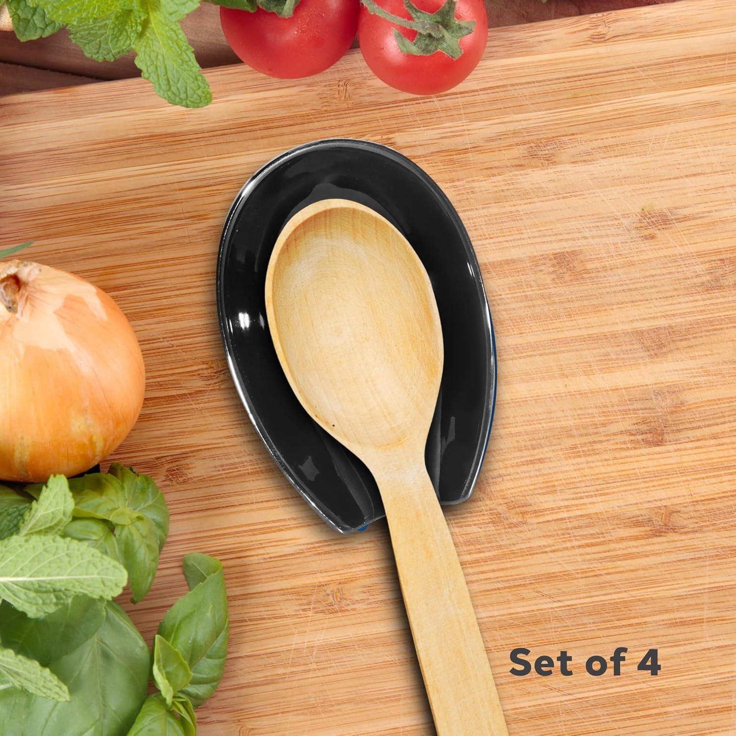 imageOGGI Spooner Ceramic Spoon Rest Spoon Rest for Stove Top Spoon Holder for Countertop Kitchen Decor for Counter Coffee Bar Accessories Midnight BlueGloss Black  Set of 4