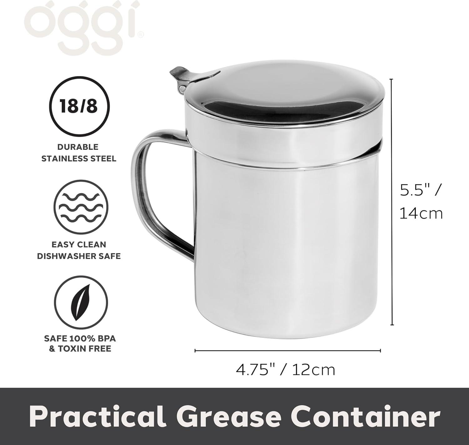 imageOGGI Stainless Steel Grease Container with Handle Removable Strainer and Flip Top Lid Perfect container for fryer oil bacon drippings lard and ghee oil Can capacity  025 Gall  1 Qt  095 Lt1 Quart