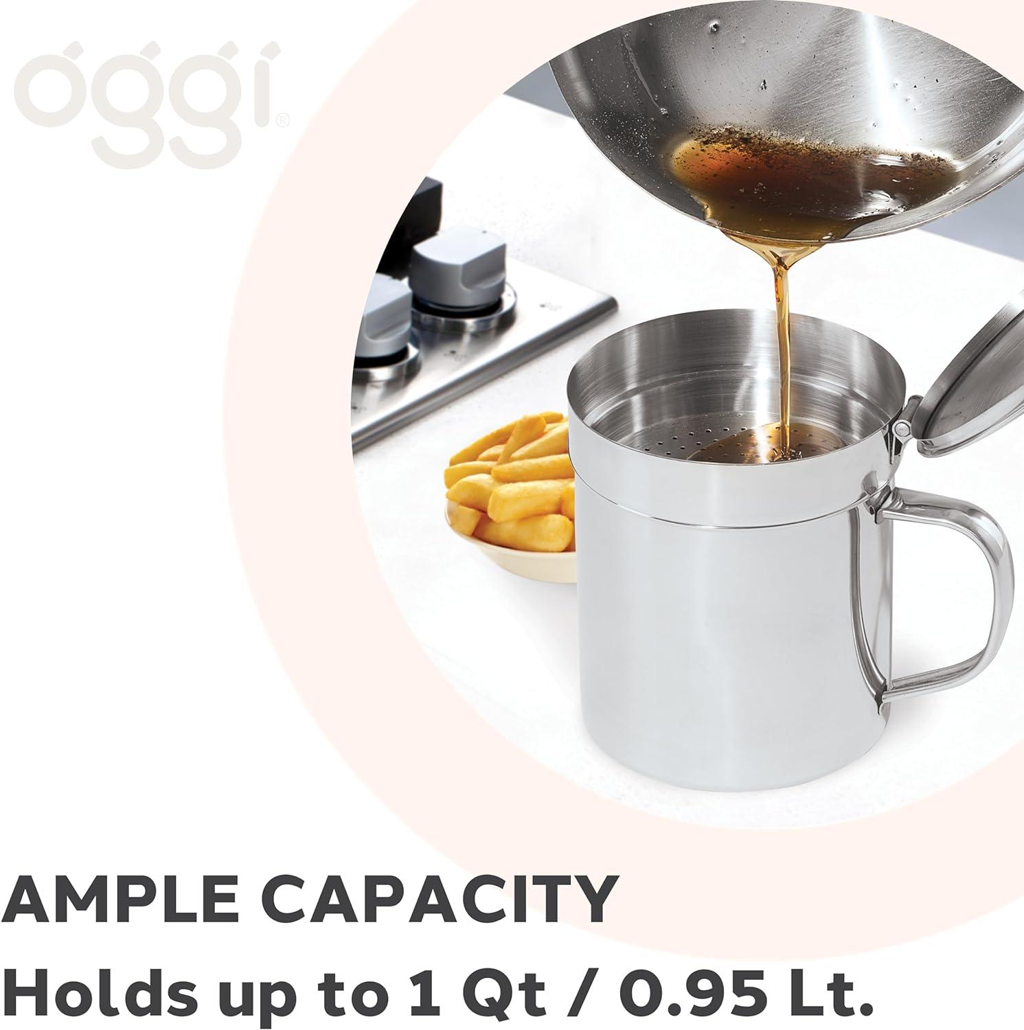 imageOGGI Stainless Steel Grease Container with Handle Removable Strainer and Flip Top Lid Perfect container for fryer oil bacon drippings lard and ghee oil Can capacity  025 Gall  1 Qt  095 Lt1 Quart