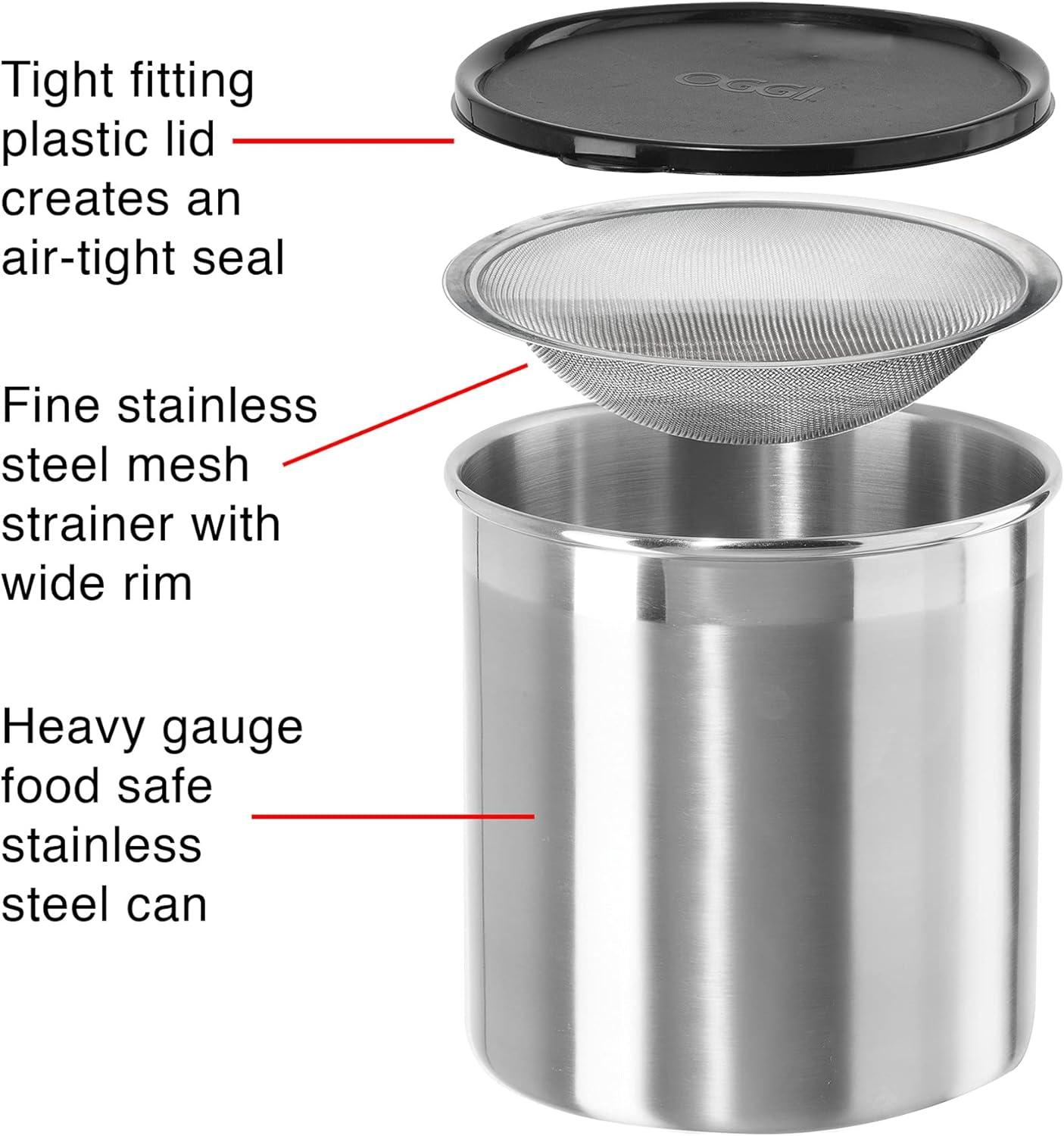 imageOGGI Stainless Steel Grease Container with Handle Removable Strainer and Flip Top Lid Perfect container for fryer oil bacon drippings lard and ghee oil Can capacity  025 Gall  1 Qt  095 Lt1 Gallon  4 Quart  375 Liter