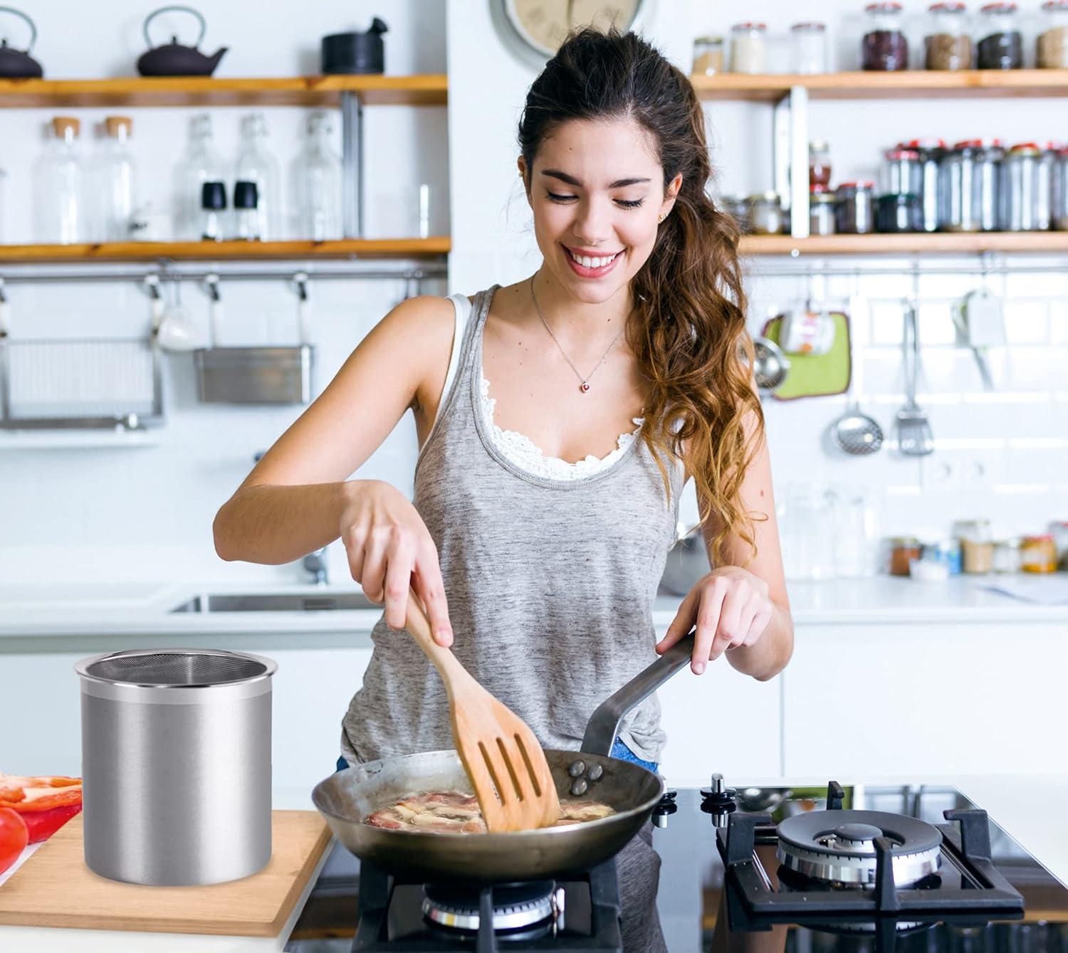imageOGGI Stainless Steel Grease Container with Handle Removable Strainer and Flip Top Lid Perfect container for fryer oil bacon drippings lard and ghee oil Can capacity  025 Gall  1 Qt  095 Lt1 Gallon  4 Quart  375 Liter