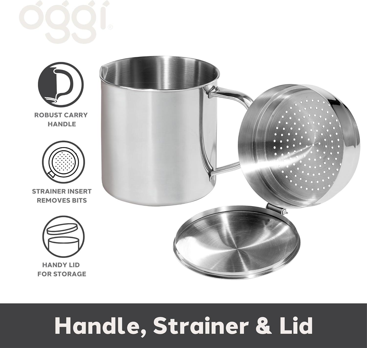 imageOGGI Stainless Steel Grease Container with Handle Removable Strainer and Flip Top Lid Perfect container for fryer oil bacon drippings lard and ghee oil Can capacity  025 Gall  1 Qt  095 Lt1 Quart