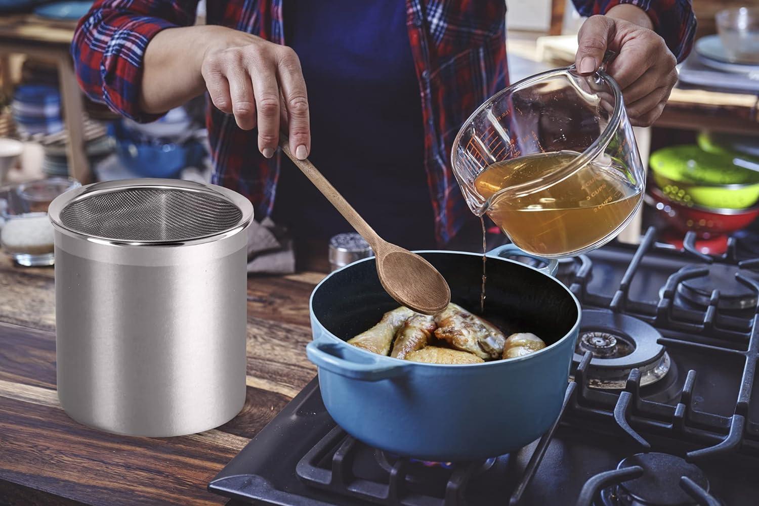 imageOGGI Stainless Steel Grease Container with Handle Removable Strainer and Flip Top Lid Perfect container for fryer oil bacon drippings lard and ghee oil Can capacity  025 Gall  1 Qt  095 Lt1 Gallon  4 Quart  375 Liter