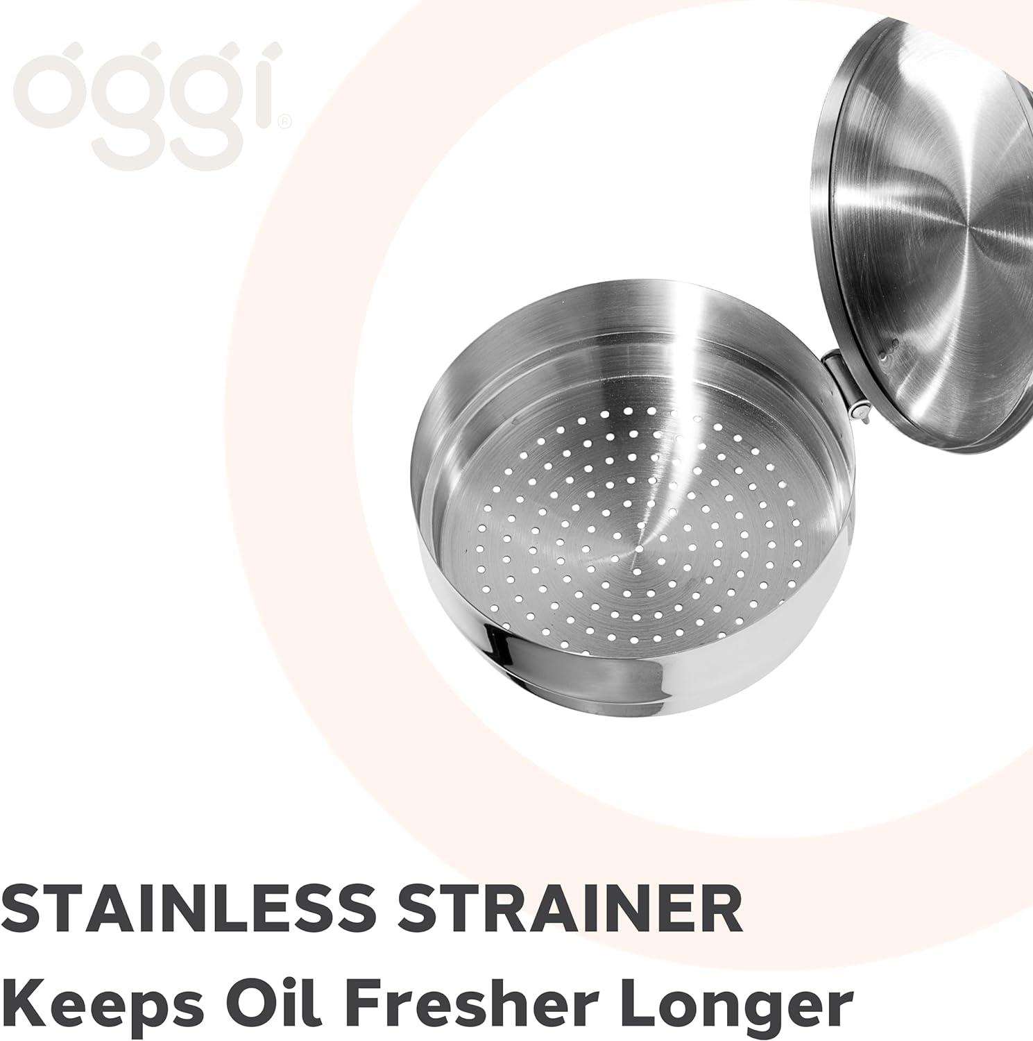 imageOGGI Stainless Steel Grease Container with Handle Removable Strainer and Flip Top Lid Perfect container for fryer oil bacon drippings lard and ghee oil Can capacity  025 Gall  1 Qt  095 Lt1 Quart