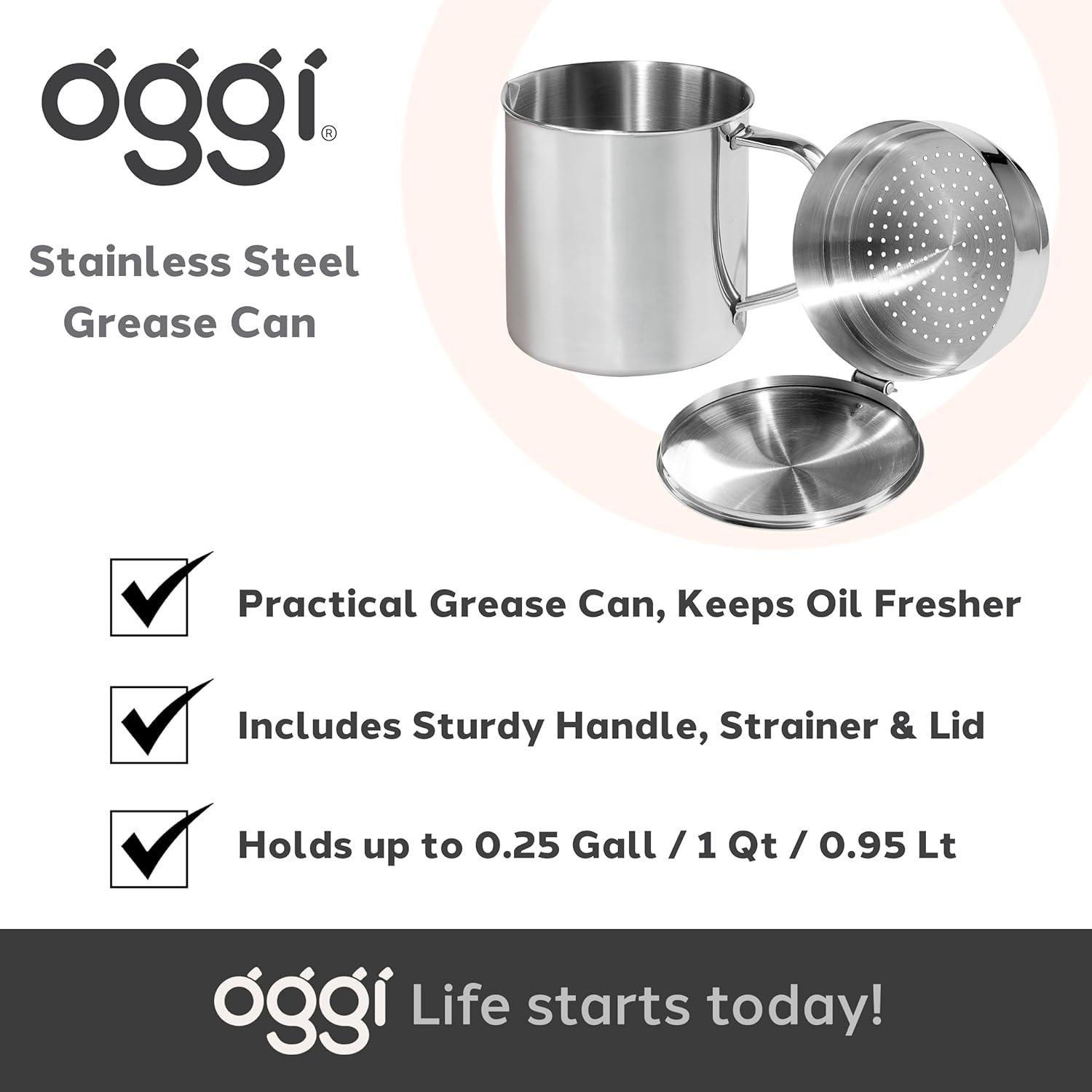 imageOGGI Stainless Steel Grease Container with Handle Removable Strainer and Flip Top Lid Perfect container for fryer oil bacon drippings lard and ghee oil Can capacity  025 Gall  1 Qt  095 Lt1 Quart