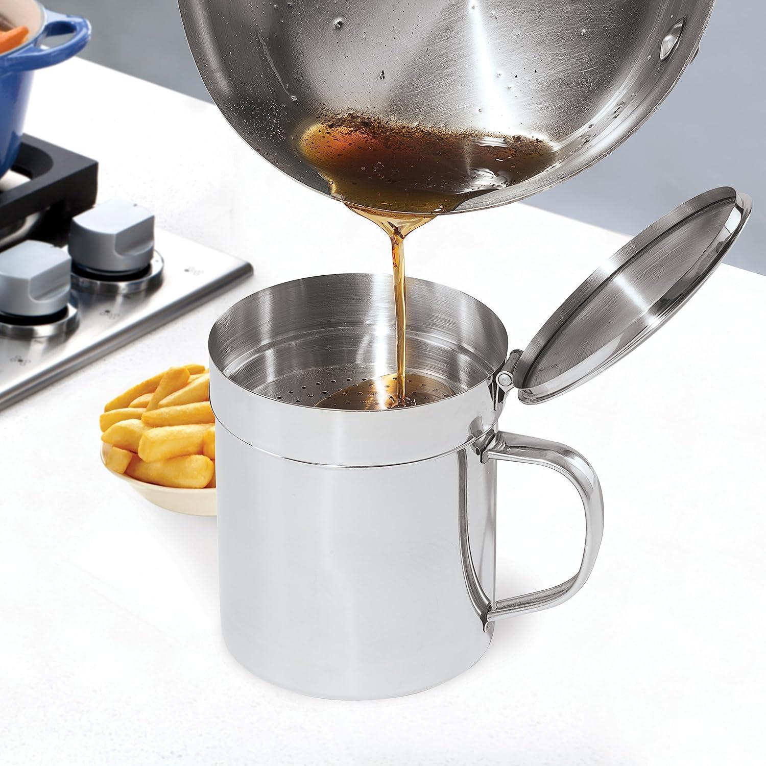 imageOGGI Stainless Steel Grease Container with Handle Removable Strainer and Flip Top Lid Perfect container for fryer oil bacon drippings lard and ghee oil Can capacity  025 Gall  1 Qt  095 Lt1 Quart