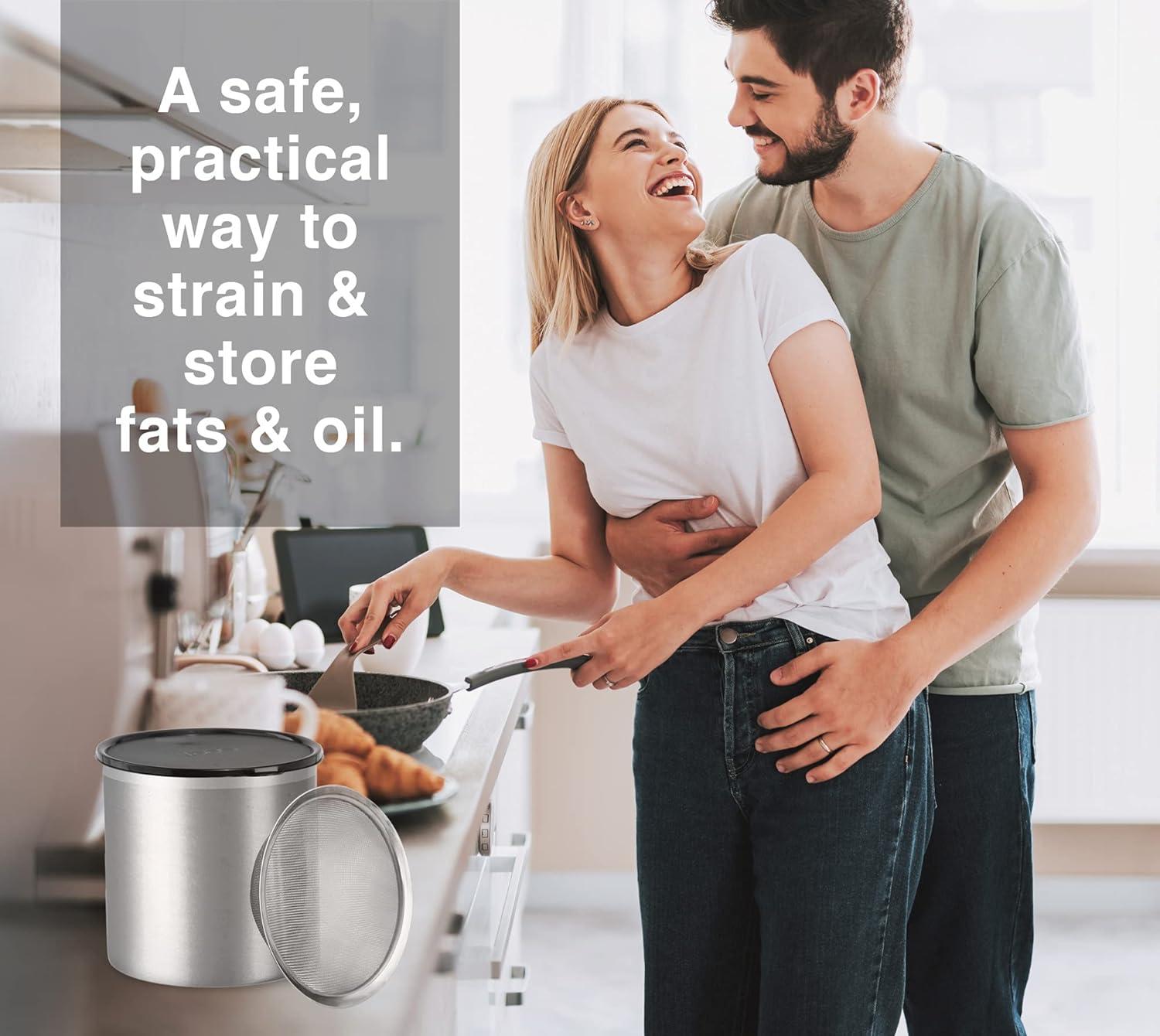 imageOGGI Stainless Steel Grease Container with Handle Removable Strainer and Flip Top Lid Perfect container for fryer oil bacon drippings lard and ghee oil Can capacity  025 Gall  1 Qt  095 Lt1 Gallon  4 Quart  375 Liter