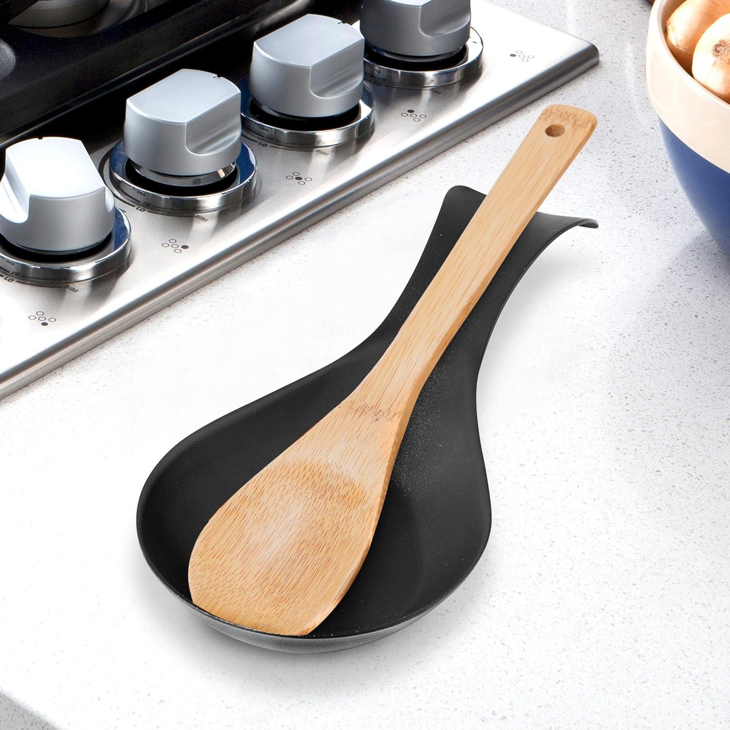 imageOGGI Stainless Steel Spoon Rest Long Handle Holds Kitchen Utensils in Place Great Spoon Rest for Counter Stove Top or Coffee Station Kitchen Accessories Utensil Rest StainlessBlack