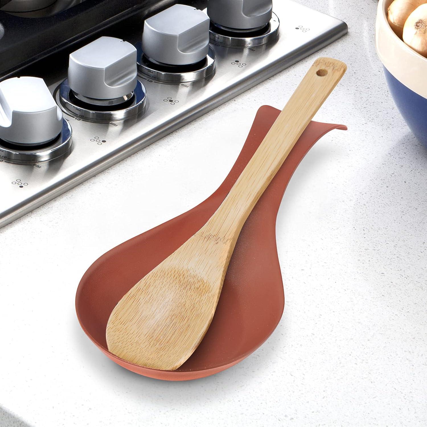 imageOGGI Stainless Steel Spoon Rest Long Handle Holds Kitchen Utensils in Place Great Spoon Rest for Counter Stove Top or Coffee Station Kitchen Accessories Utensil Rest StainlessBrick Red