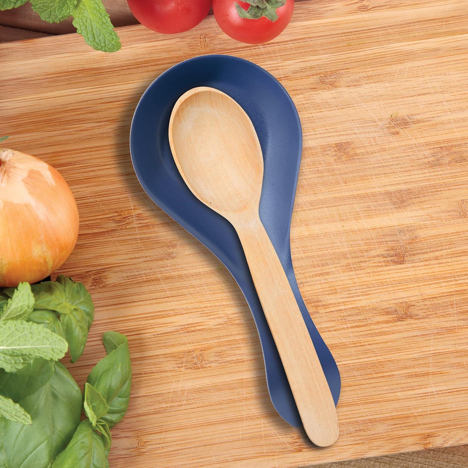 imageOGGI Stainless Steel Spoon Rest Long Handle Holds Kitchen Utensils in Place Great Spoon Rest for Counter Stove Top or Coffee Station Kitchen Accessories Utensil Rest StainlessBlue