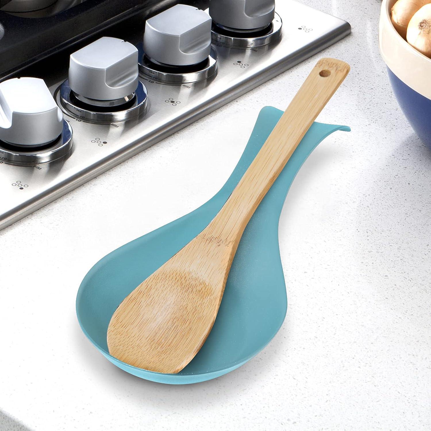 imageOGGI Stainless Steel Spoon Rest Long Handle Holds Kitchen Utensils in Place Great Spoon Rest for Counter Stove Top or Coffee Station Kitchen Accessories Utensil Rest StainlessTurquoise
