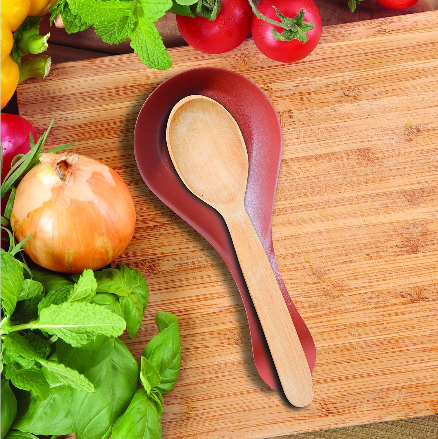 imageOGGI Stainless Steel Spoon Rest Long Handle Holds Kitchen Utensils in Place Great Spoon Rest for Counter Stove Top or Coffee Station Kitchen Accessories Utensil Rest StainlessBrick Red