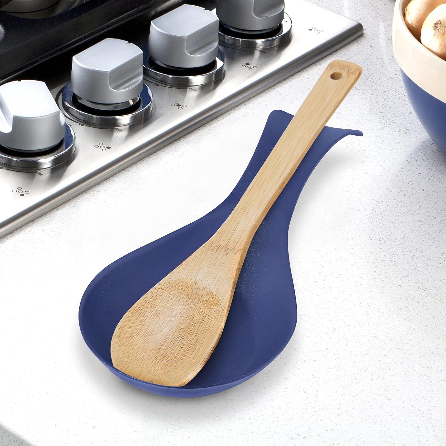 imageOGGI Stainless Steel Spoon Rest Long Handle Holds Kitchen Utensils in Place Great Spoon Rest for Counter Stove Top or Coffee Station Kitchen Accessories Utensil Rest StainlessBlue