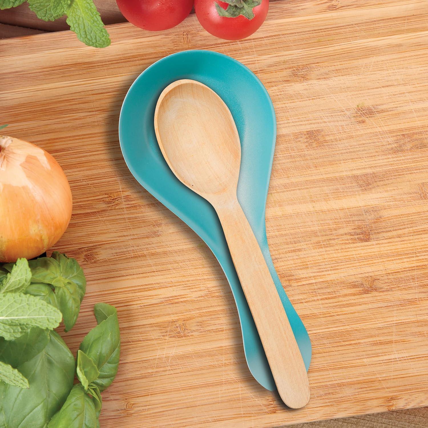 imageOGGI Stainless Steel Spoon Rest Long Handle Holds Kitchen Utensils in Place Great Spoon Rest for Counter Stove Top or Coffee Station Kitchen Accessories Utensil Rest StainlessTurquoise