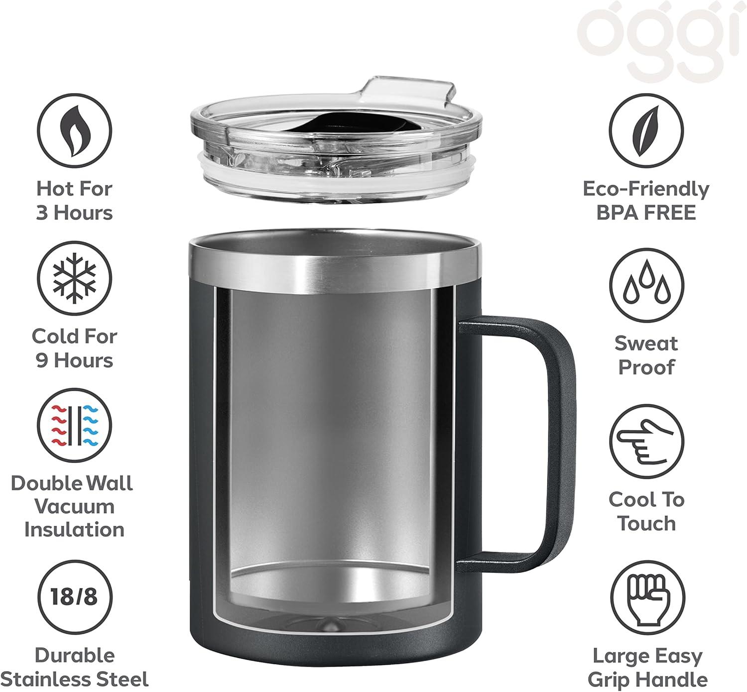 imageOGGI ThermoMug Stainless Steel Insulated Mug Double Wall Vacuum Insulated wHandle ampamp Lid Coffee Cup Camping Mug Travel Thermos 14oz420ml RedBlack