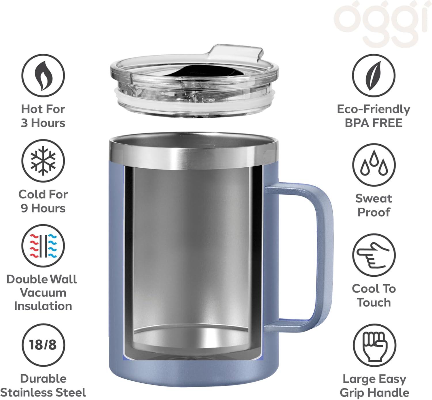 imageOGGI ThermoMug Stainless Steel Insulated Mug Double Wall Vacuum Insulated wHandle ampamp Lid Coffee Cup Camping Mug Travel Thermos 14oz420ml RedBlue
