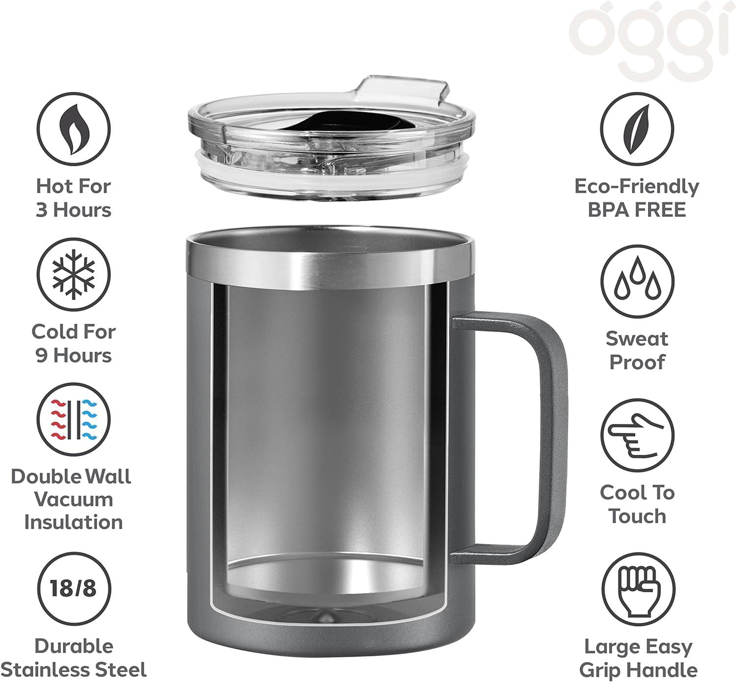 imageOGGI ThermoMug Stainless Steel Insulated Mug Double Wall Vacuum Insulated wHandle ampamp Lid Coffee Cup Camping Mug Travel Thermos 14oz420ml RedDaisy