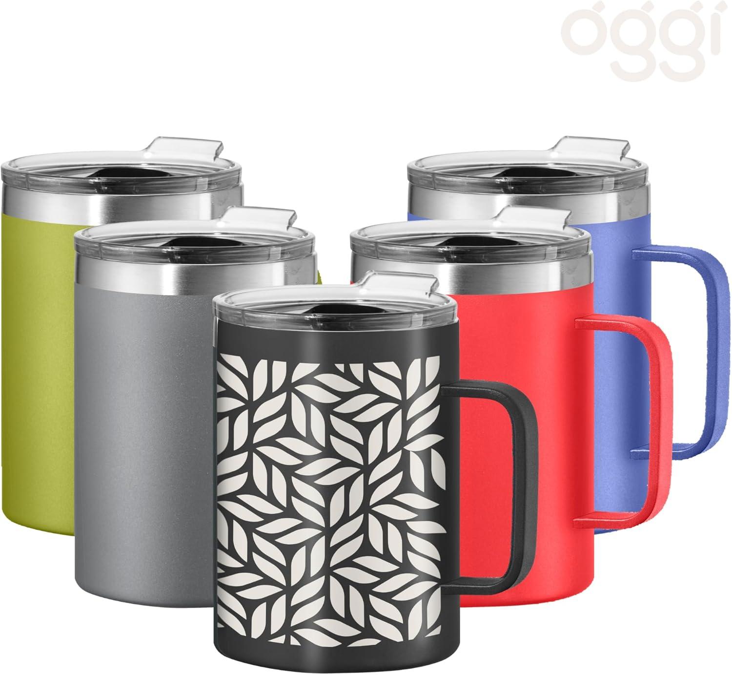 imageOGGI ThermoMug Stainless Steel Insulated Mug Double Wall Vacuum Insulated wHandle ampamp Lid Coffee Cup Camping Mug Travel Thermos 14oz420ml RedGeo Leaf