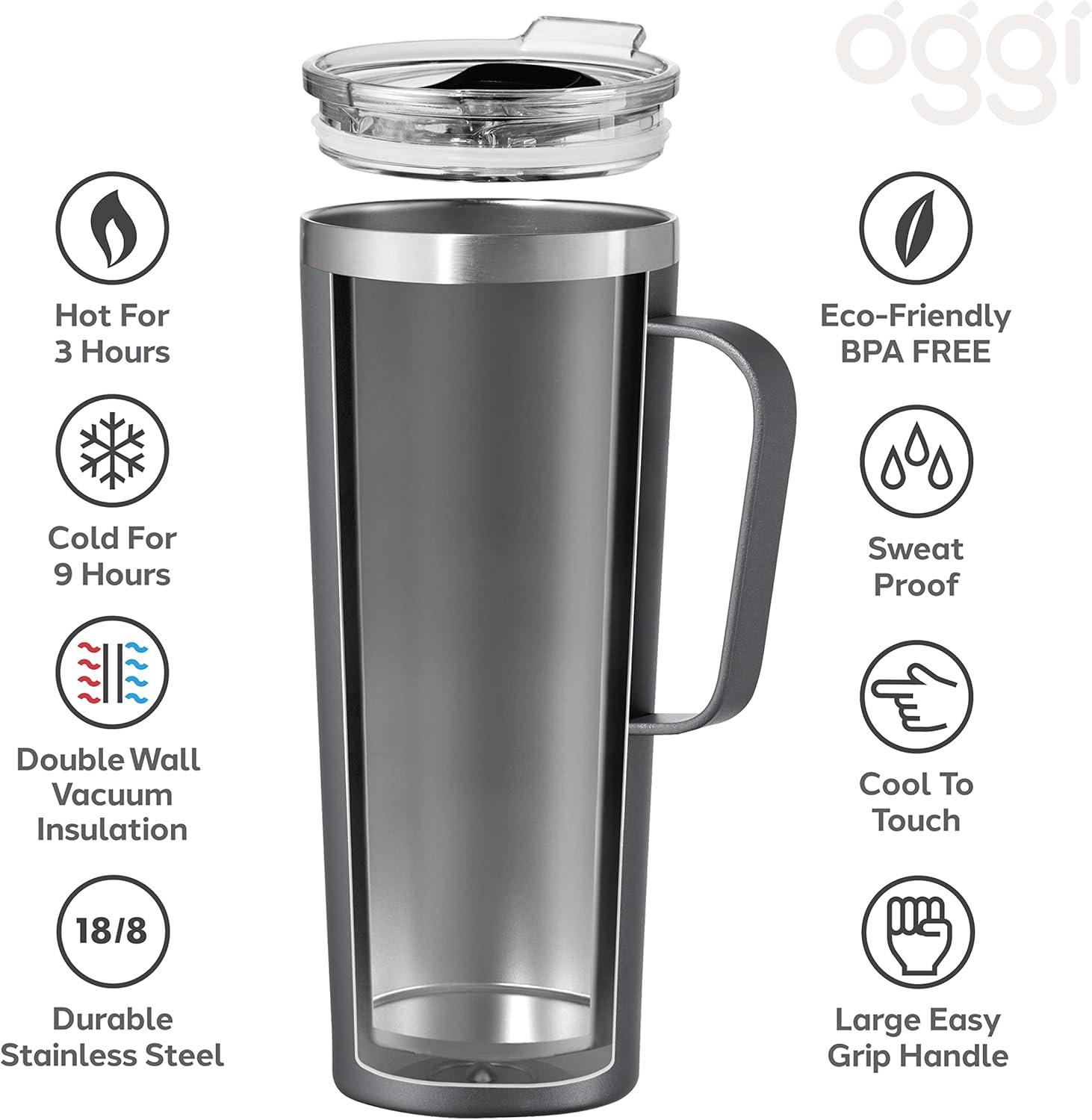 imageOGGI ThermoMug Stainless Steel Insulated Mug Double Wall Vacuum Insulated wHandle ampamp Lid Coffee Cup Camping Mug Travel Thermos 14oz420ml RedGray