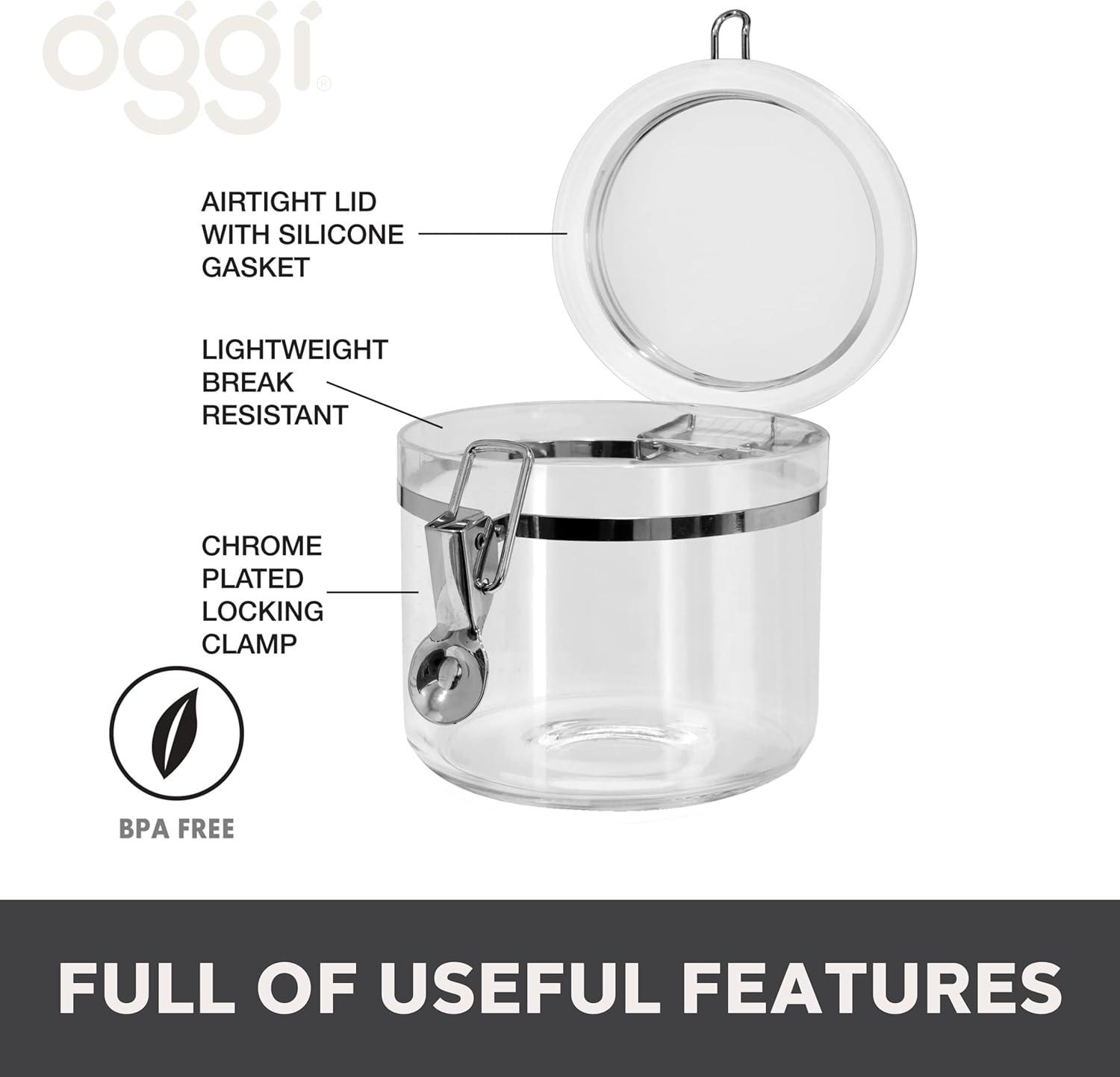 imageOggi Clear Canister with Clamp Lid 28 oz  Large Airtight Food Storage Container for Kitchen ampamp Pantry Storage of Bulk Dry Foods Including Pasta Flour Sugar Coffee Rice Tea Spices ampamp Herbs28Fluid Ounce