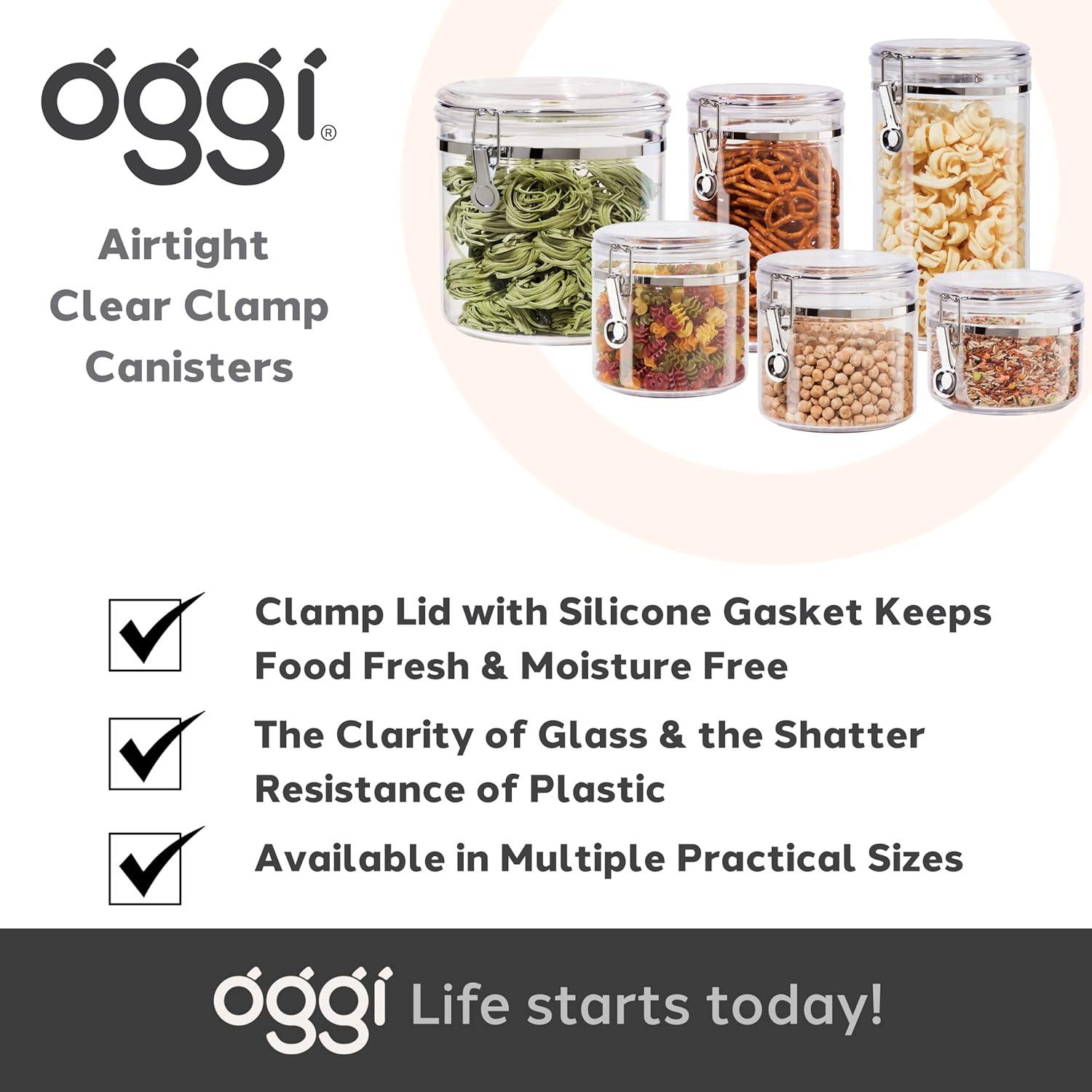 imageOggi Clear Canister with Clamp Lid 28 oz  Large Airtight Food Storage Container for Kitchen ampamp Pantry Storage of Bulk Dry Foods Including Pasta Flour Sugar Coffee Rice Tea Spices ampamp Herbs28Fluid Ounce