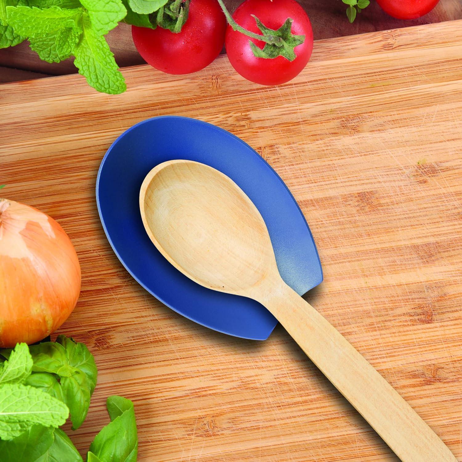 imageOggi Spooner Stainless Steel Spoon Rest Holds Kitchen Utensils for Mess Free Cooking Stove Top Coffee Station Kitchen Accessories Utensil Rest Blue 525 inch by 35 inch 76355Blue