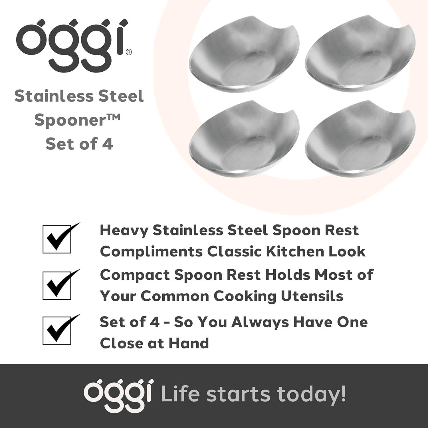 imageOggi Spooner Stainless Steel Spoon Rest Holds Kitchen Utensils for Mess Free Cooking Stove Top Coffee Station Kitchen Accessories Utensil Rest Blue 525 inch by 35 inch 76355Stainless Steel  Set of 4