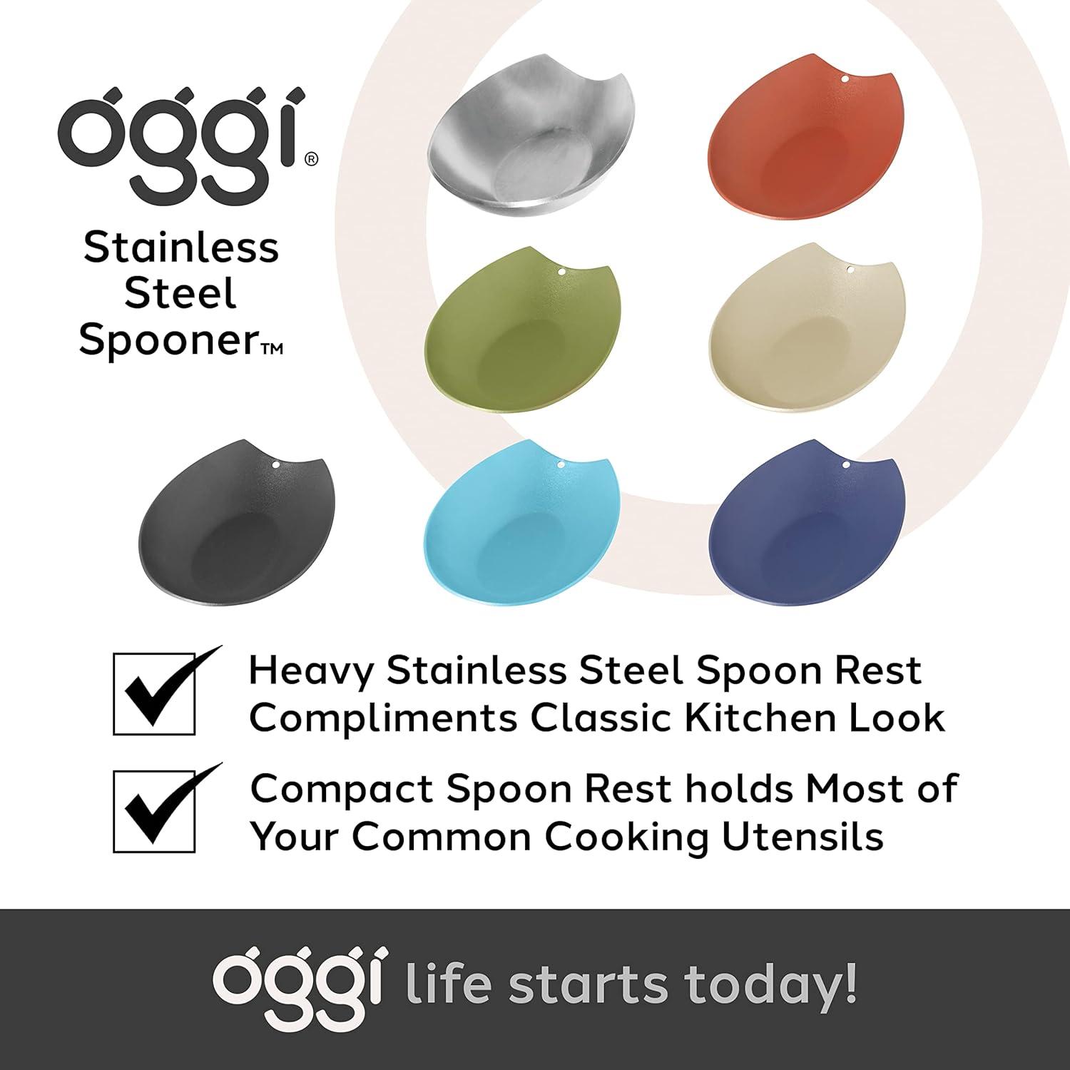 imageOggi Spooner Stainless Steel Spoon Rest Holds Kitchen Utensils for Mess Free Cooking Stove Top Coffee Station Kitchen Accessories Utensil Rest Blue 525 inch by 35 inch 76355Stainless Steel