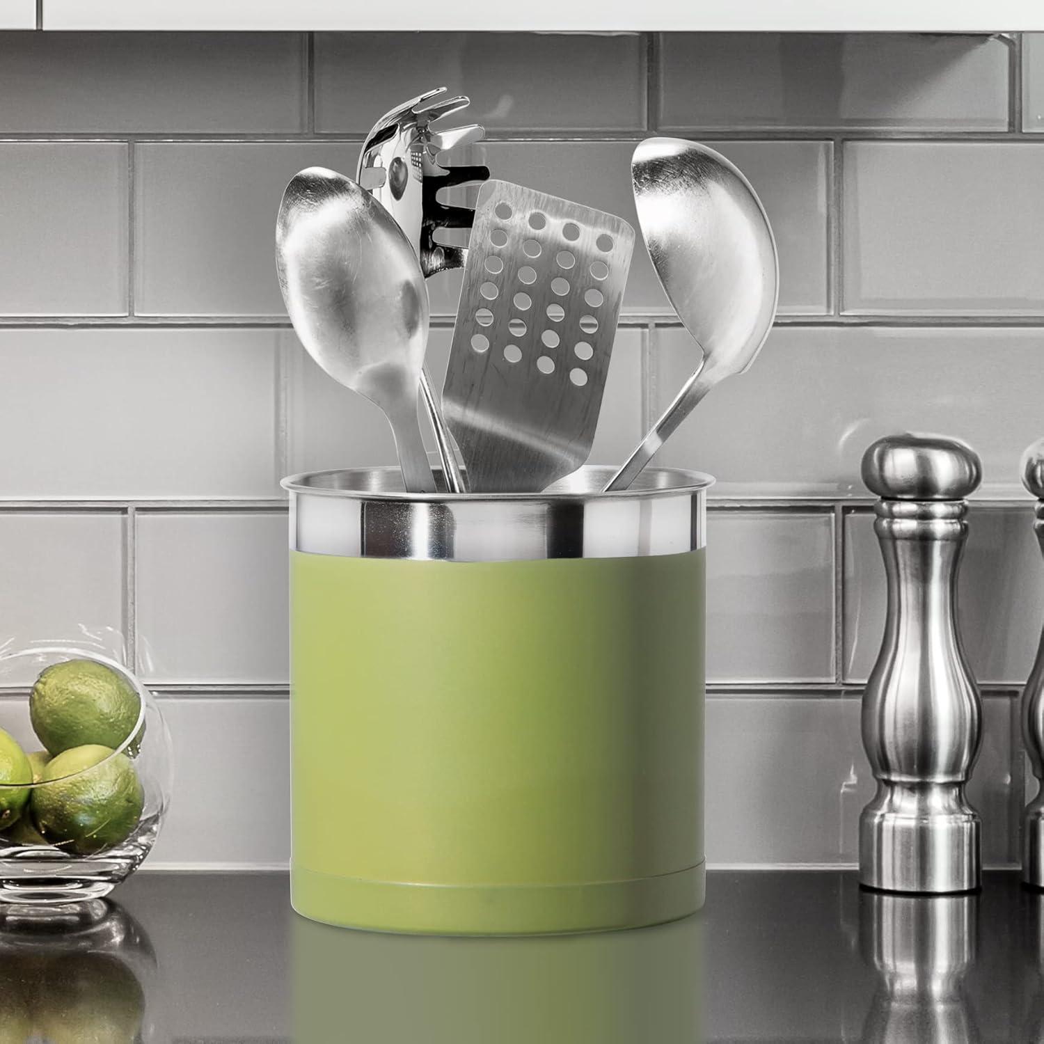 imageOggi Stainless Steel Jumbo Utensil Holder  7quot Utensil Caddy Weighted Base for Stability  Extra Large Utensil Crock and Countertop Utensil Organizer Stainless SteelOlive  7