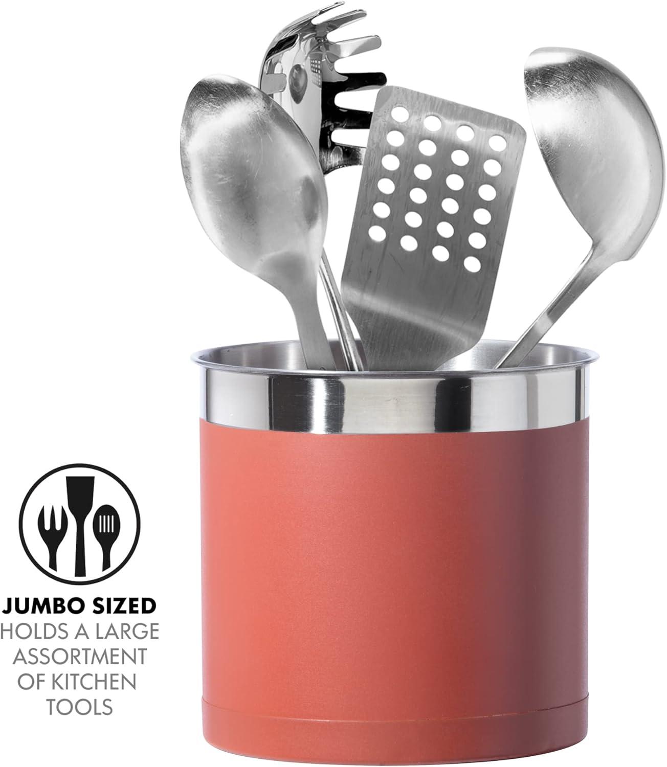 imageOggi Stainless Steel Jumbo Utensil Holder  7quot Utensil Caddy Weighted Base for Stability  Extra Large Utensil Crock and Countertop Utensil Organizer Stainless SteelBrick Red  7
